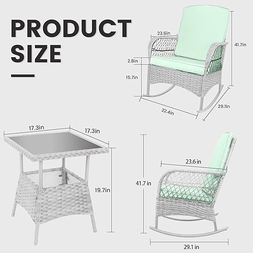 Miniatura 3 de LEVELEVE - Juego de 3 sillas mecedoras de bistró de mimbre de polietileno y mesa de cristal para exteriores, ideal para porche, jardín, terraza o