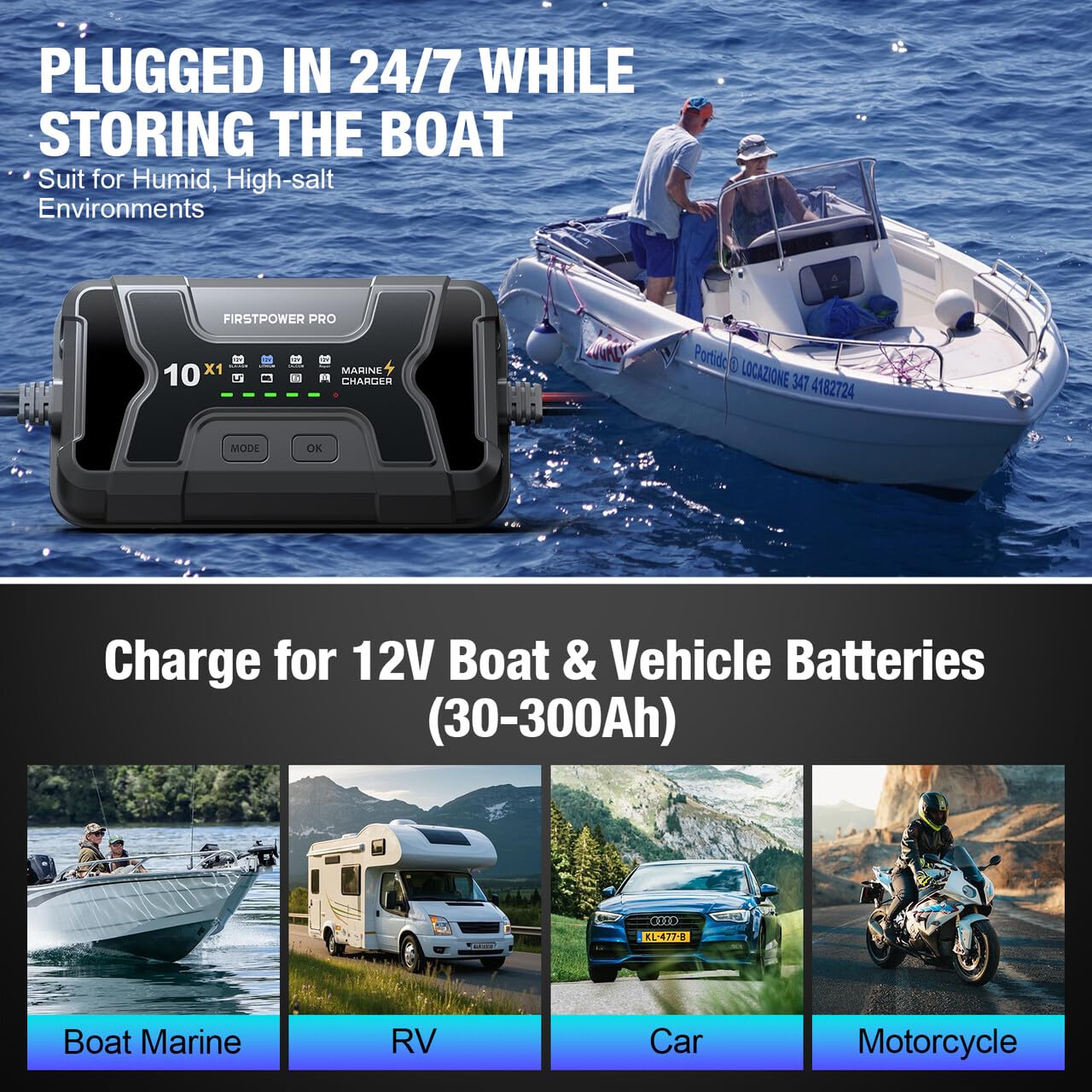 Caricabatteria marino 10X1: 1-Bank, 10A Onboard Charger - 10A per banca, 12V Impermeabile Barca Caricabatteria per SLA/AGM, Litio, Calcio - Carica 24/7