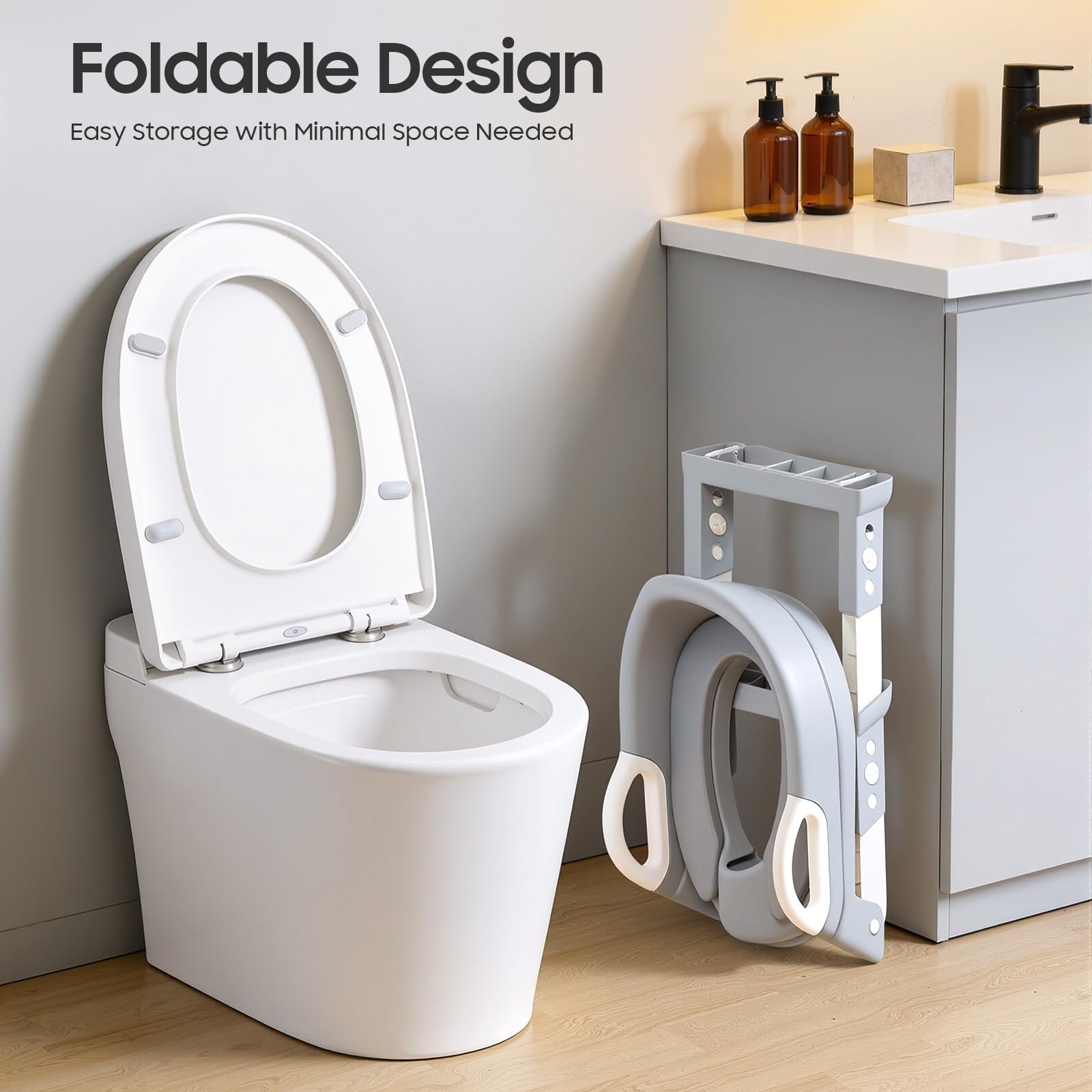 Siège de toilette pour enfant avec marche, coussin en PU détachable, réglable en hauteur 2–7 ans, siège de toilette pliable avec marche, antidérapant et sûr pour toilettes V/U/O (Gris)