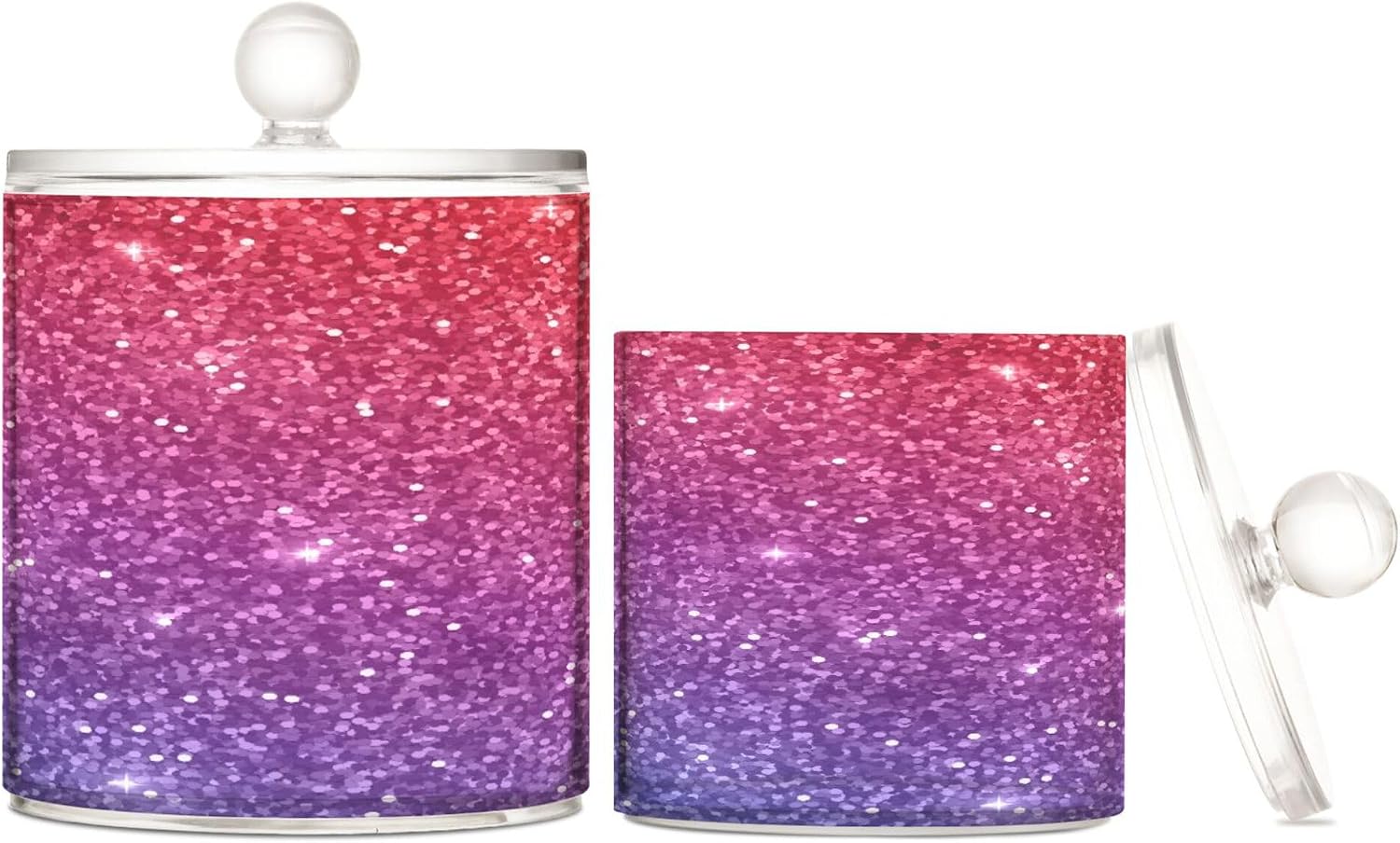 Red Purple Gradient Glitter Clear Plastic Makeup Organizer Storage with lid Office Essentials Decorative Dental Floss Storage Jar for Cotton Swabs,Cotton Pad2 Pack