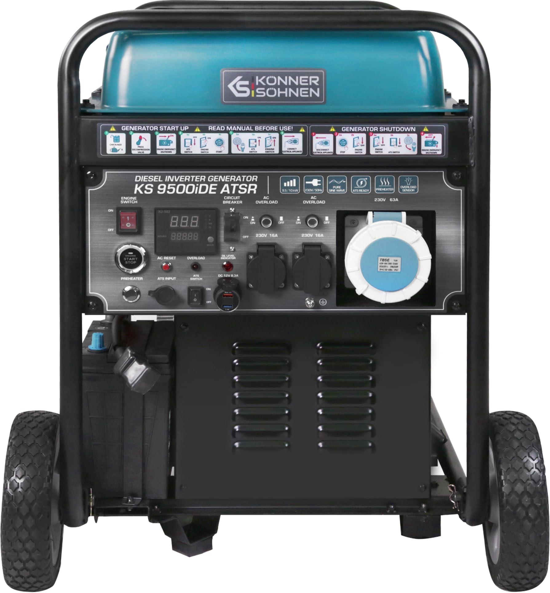 K&S Könner&Söhnen Generator diesla Inverter KS 9500iDE ATSR – agregat prądotwórczy 10 kW, 2 x Schuko 230 V, CEE 230 V 63 A, wyświetlacz LED z ogrzewaniem