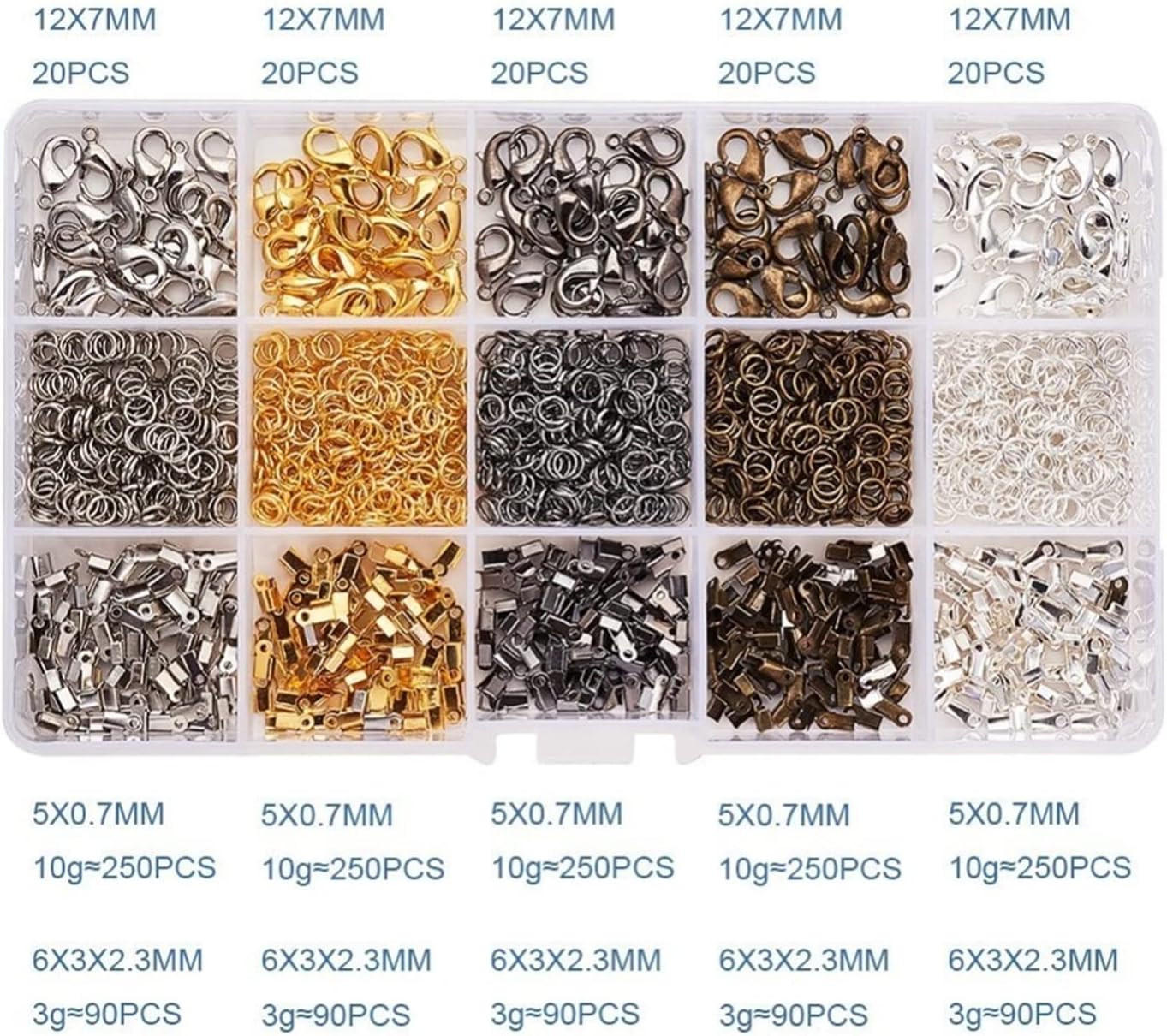 YANGQI yaoqijie About 1800Pcs/Box Mixed Color Iron Cord Ends Brass Lobster Clasps and Jump Rings in 5 Colors Mixed Sizes Jewelry Making Findings Lasting