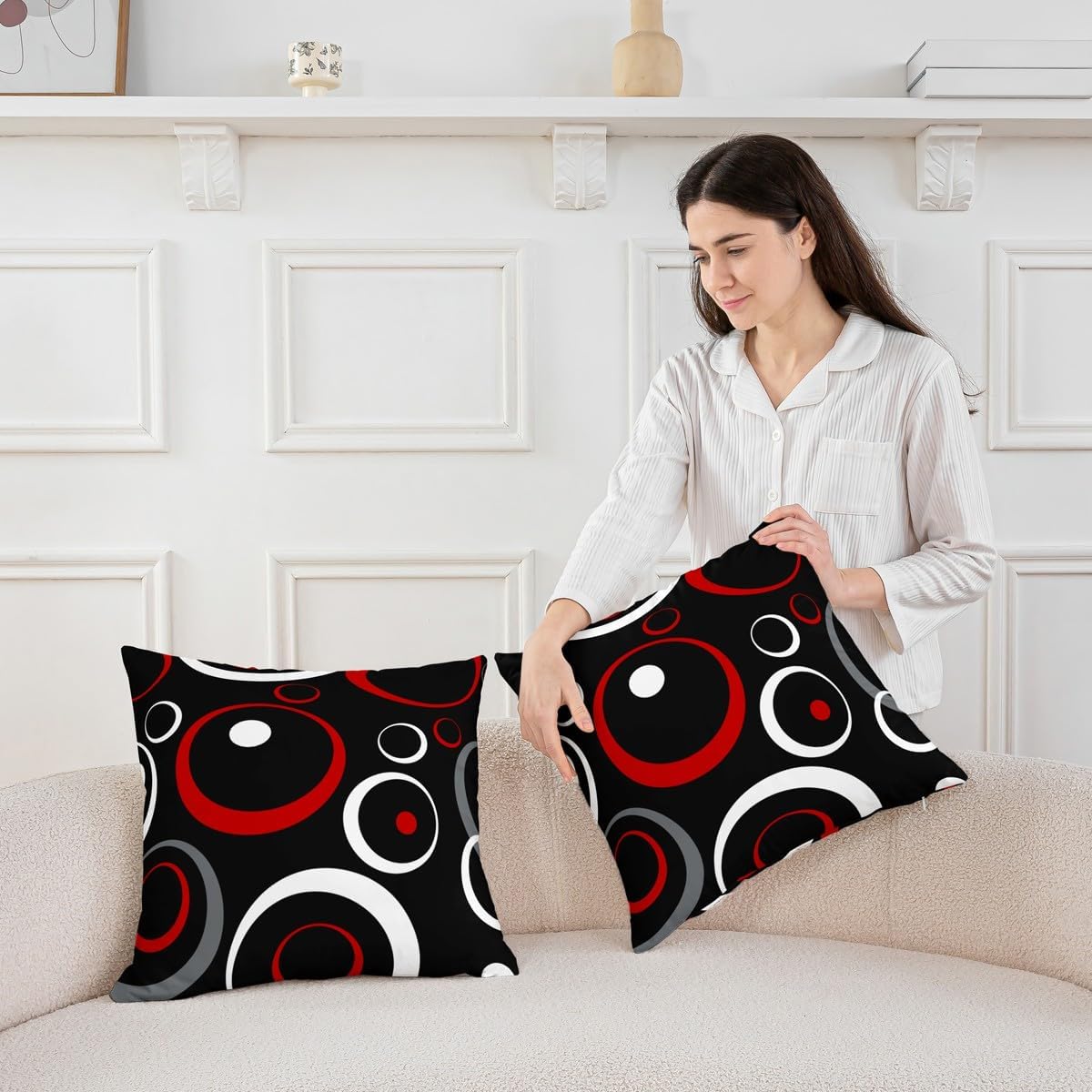 Pack of 2 Geometric Decorative Throw Pillow Covers, Soft Geometric Red Black White Square Cushion Case Set for Couch Sofa Bedroom Living Room, Stripe Line Pillow Cases Pillowcases, 18x18 Inches