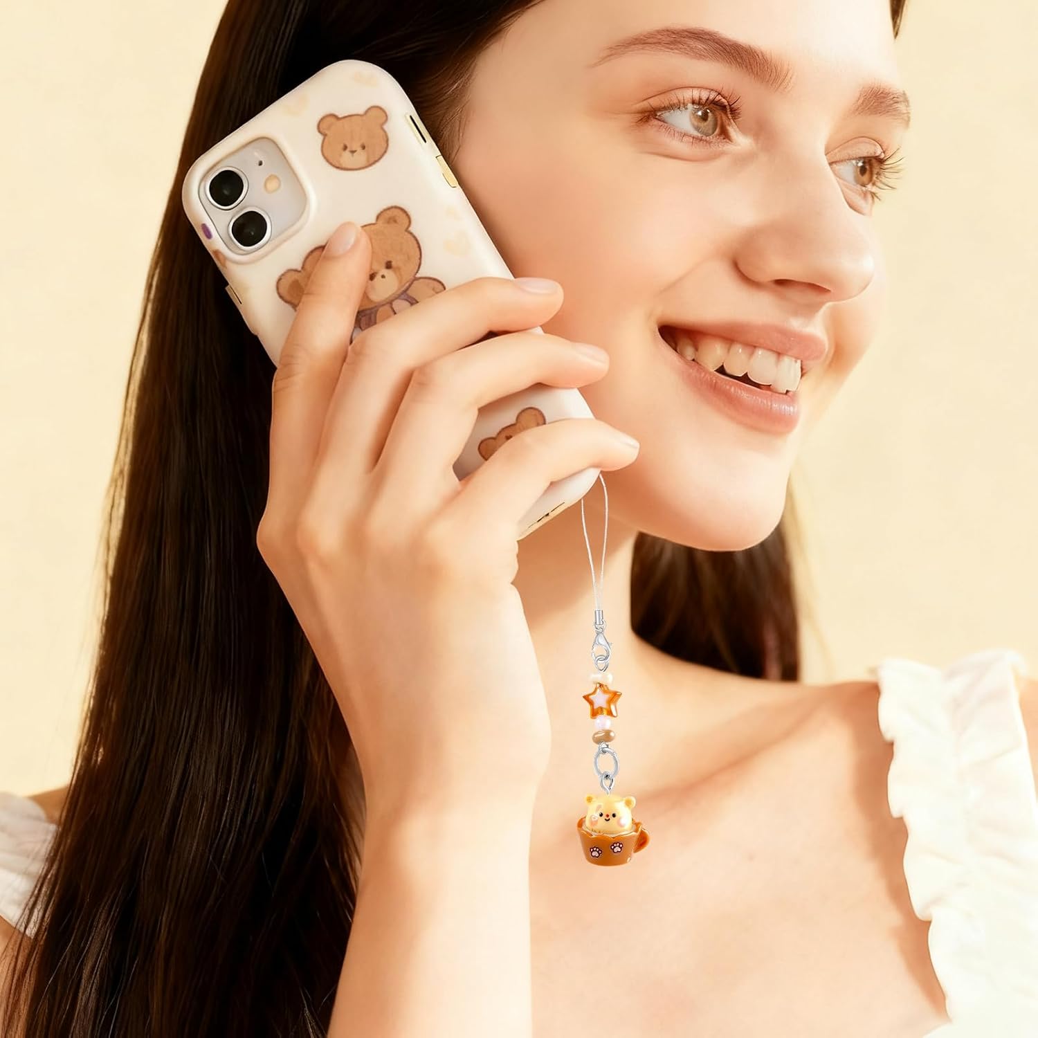 3Pcs Cute Phone Charms Strap Bear Cellphone Charms Kawaii Charm for Phone Case Kit Beaded Star Charm Sweet Cup Paw Keychain Aesthetic Accessories for Phones Bags Camera AirPods Pendant Decor - Image 2