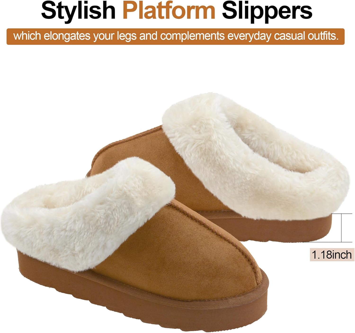 Womens Plush Platform Slippers Warm Fuzzy Winter Slippers Indoor/Outdoor Cozy House Shoes with Non-Slip Rubber Sole - Image 3