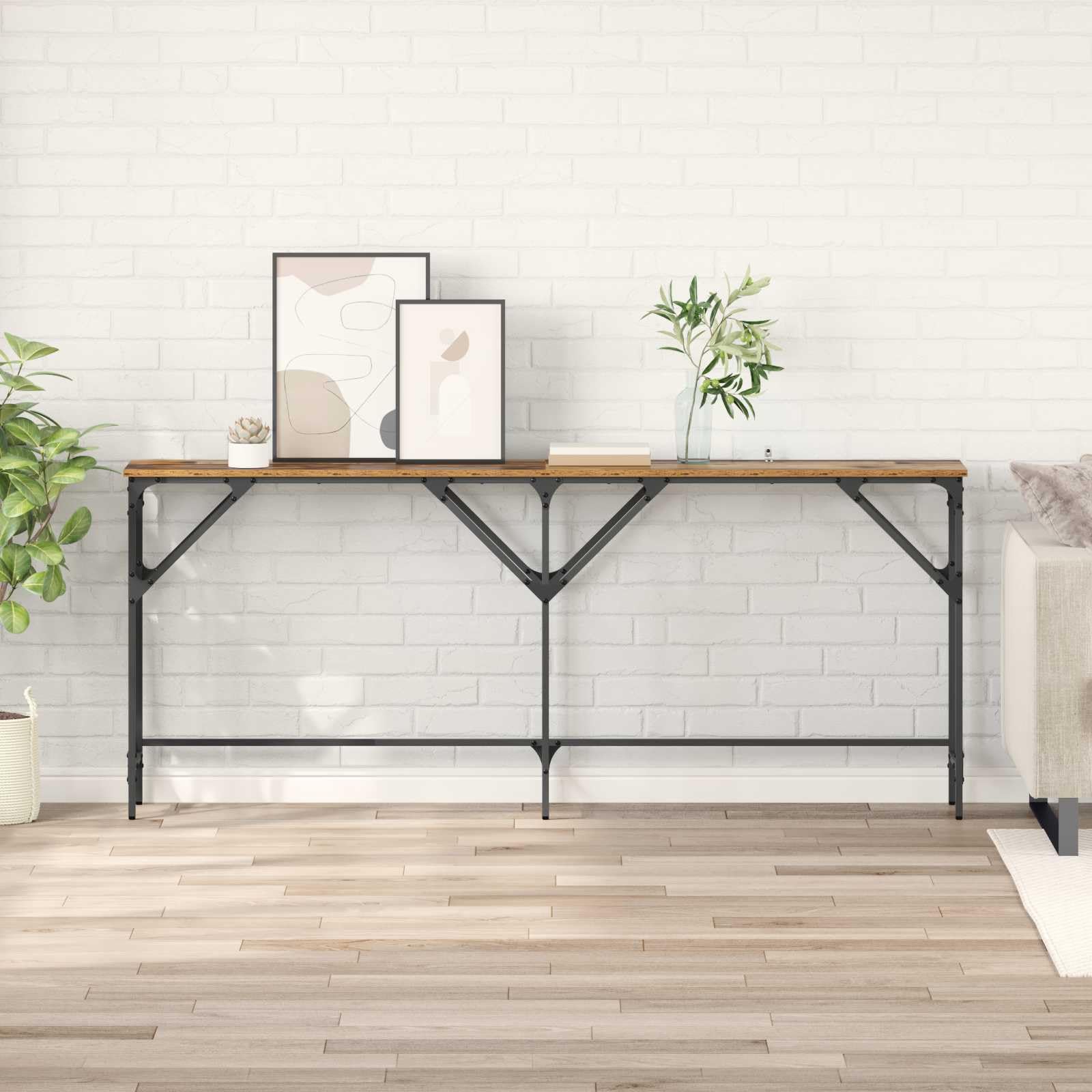 Stolik konsolowy, stare drewno, 180 x 30 x 75 cm, materiał drewnopochodny ze stalową ramą, regulowane nóżki do salonu, korytarza, uniwersalny stolik pomocniczy, stolik do odkładania rzeczy w