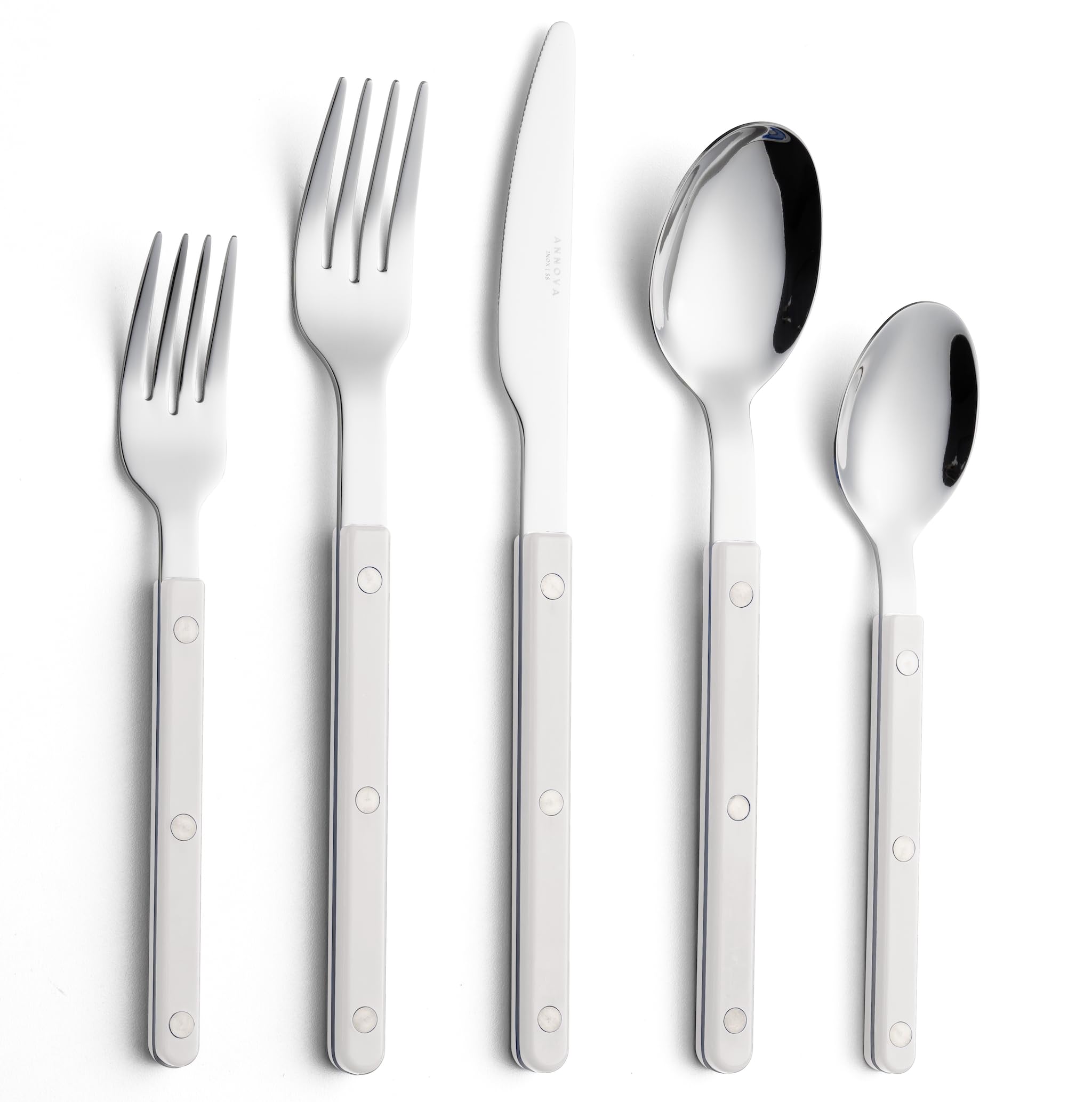 ANNOVA Set di posate, posate in acciaio inossidabile colorate in stile retrò/rivettate, coltelli da tavola, forchette, cucchiai, forchette da insalata e cucchiai da dessert (Bianco,10 Pezzi)