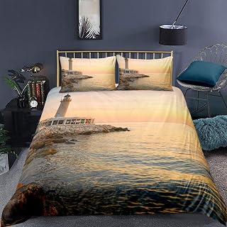 Lighthouse Bedding Queen Size 3 Piece Set Kids Teens Ocean Sunset Landscape Duvet Cover Set Islands Coastal Decor for All Season Quilt Set Comforter Cover with and 2 Pillow Shams for Any Bed Room