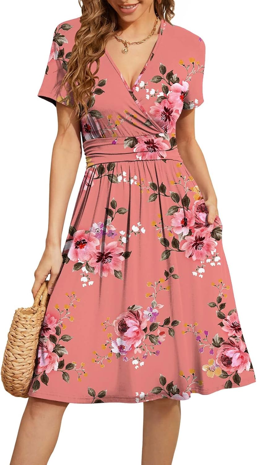 WEACZZY Women's Summer Short Sleeve Casual Dresses V-Neck Floral Party Dress with Pockets