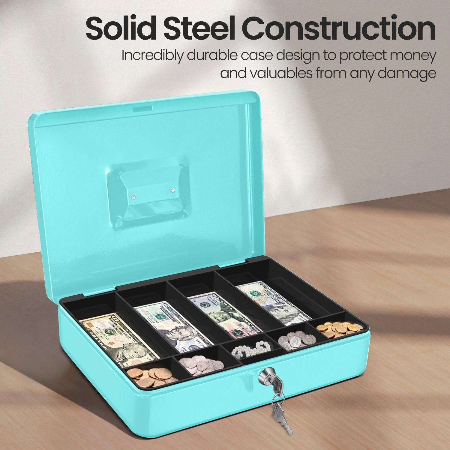 Flexzion Cash Box with Money Tray and Lock - Image 4