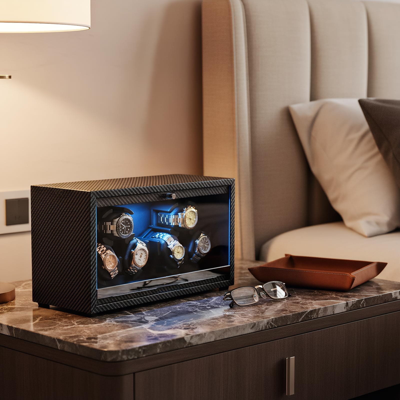 6 Uhrenbeweger für Automatikuhren, Superleiser Motor, 4 Rotationsmodi Mit Led-Leuchten, Einziehbares Kissen, Uhrenbewegerbox FüR Damen- Und Herren-Uhren