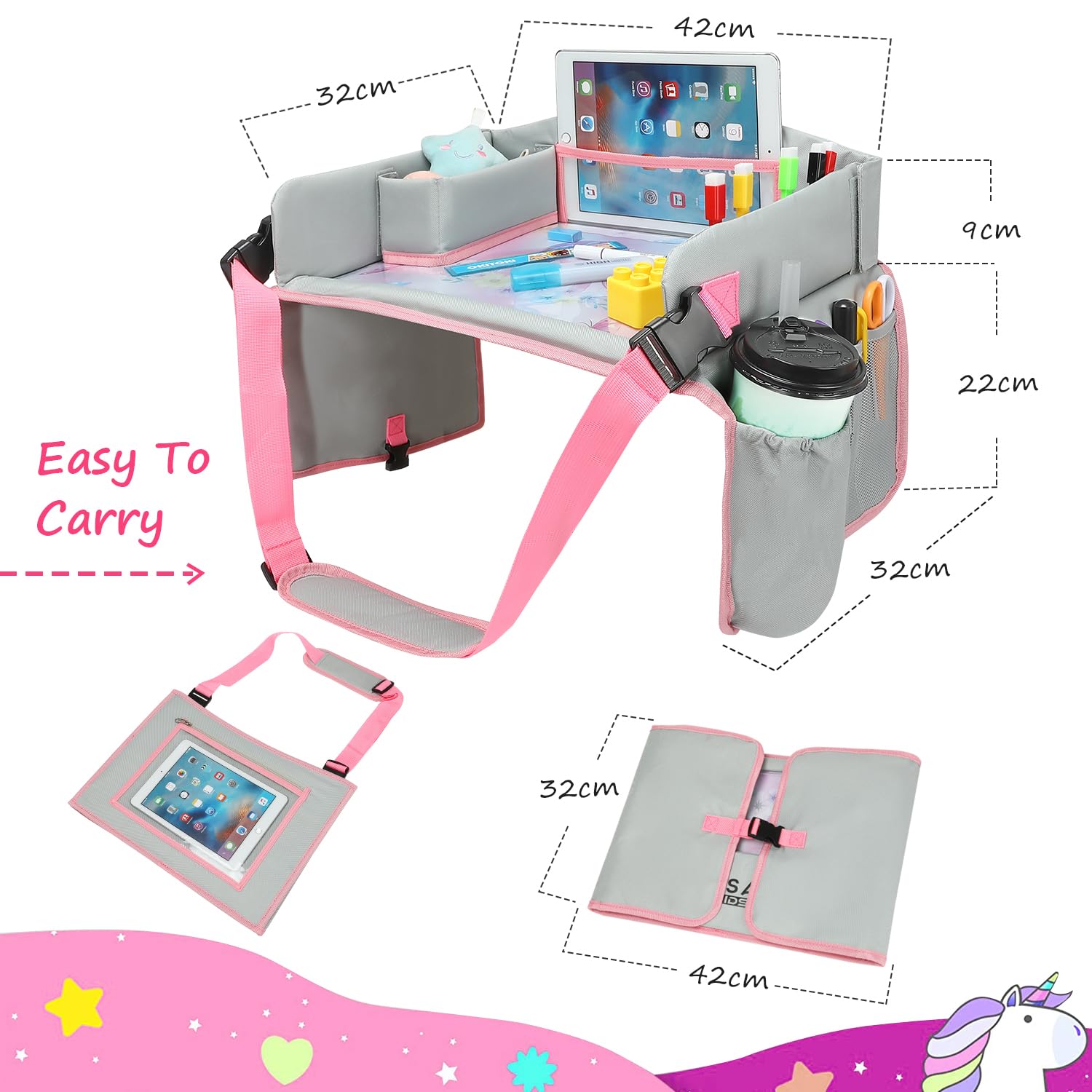 Bandeja de Viaje para coche y avión - Mesa de actividades portátil con Soporte para Tablet y Cubierta Protectora - Organizador de Coche Impermeable y Plegable.