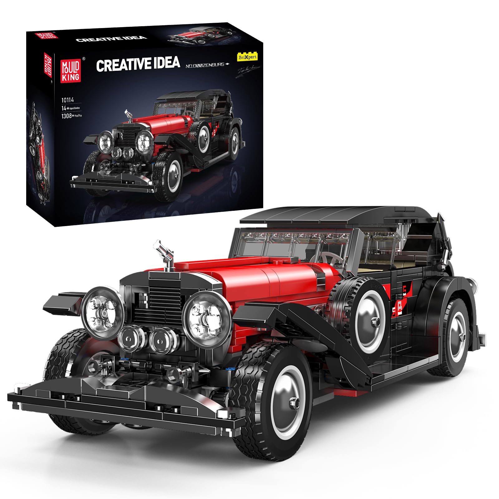 Mould King 10114 MOC Technik Oldtimer Auto Modell Klemmbausteine Bausatz Kit, 1308+ Stücke Klassisches Auto Sammlung Modell, für Jugendliche 14+/ Erwachsene/Fahrzeug Sammler
