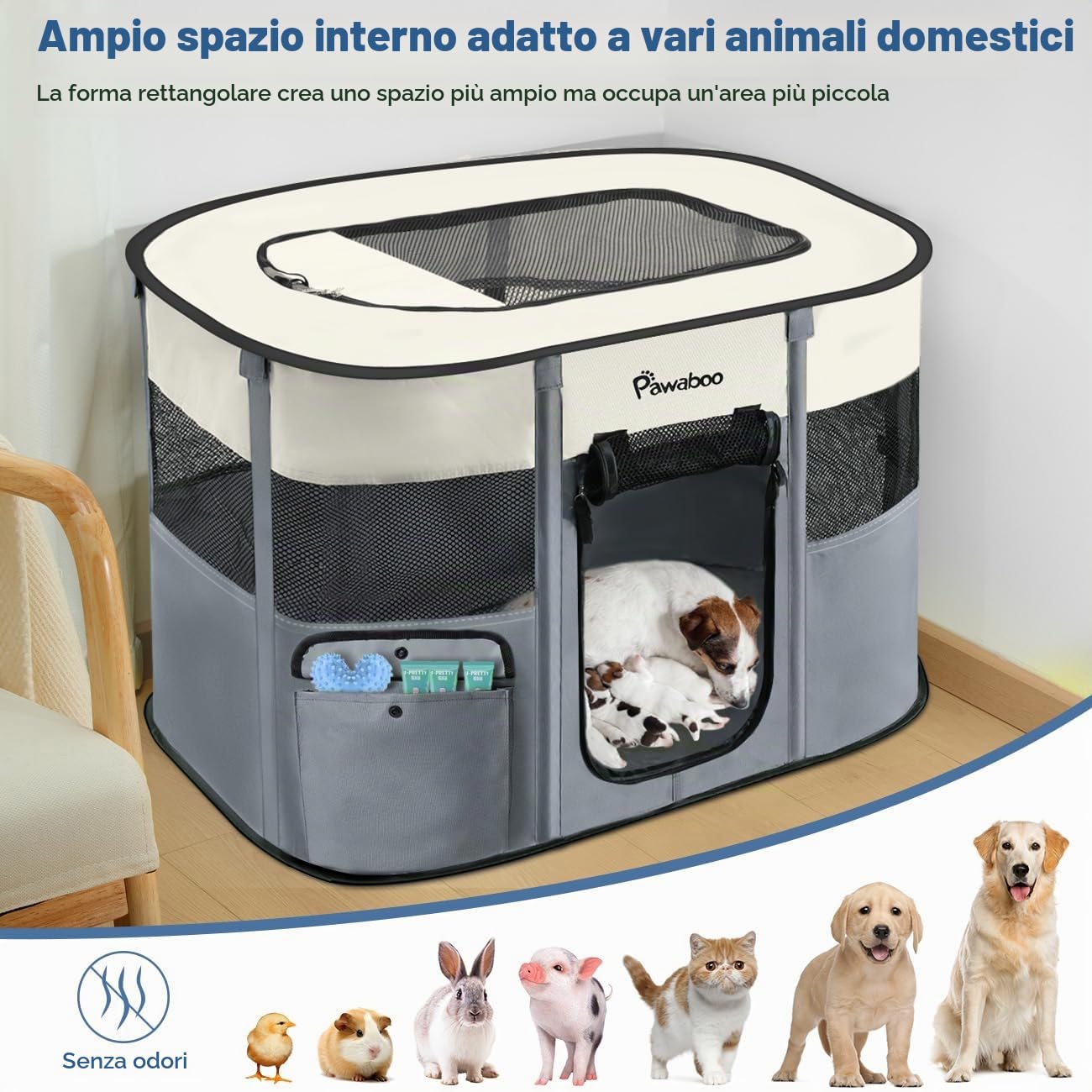 Pawaboo Recinto Portatile per Cani in Tessuto Oxford 600D, Grigio | Recinto pieghevole con finestre in rete, porte avvolgibili, borsa da trasporto e ciotola pieghevole, 89 × 71 × 61 cm(L)