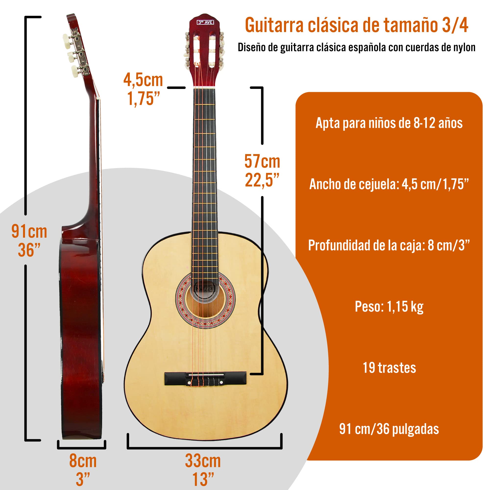3rd Avenue Paquete Para Principiantes Con Cuerdas De Nailon Español Para Guitarra Clásica Para Niños, Tamaño 3/4, 6 Meses De Lecciones Gratis, Bolsa Y Cuerdas, Natural