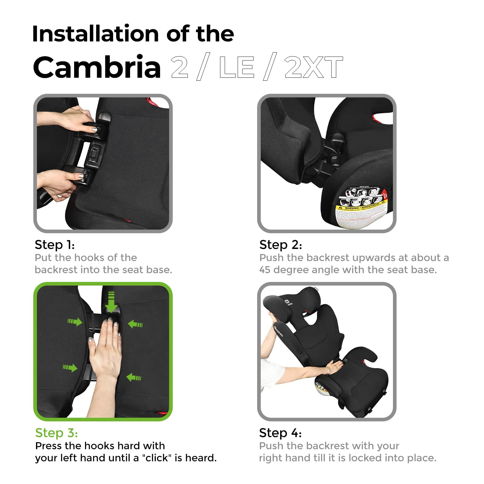Diono Cambria 2 XL 2022 Réhausseur 2 en 1 avec double loquet et positionnement par ceinture - Dossier haut vers dossier nu avec espace et espace pour se développer - Noir