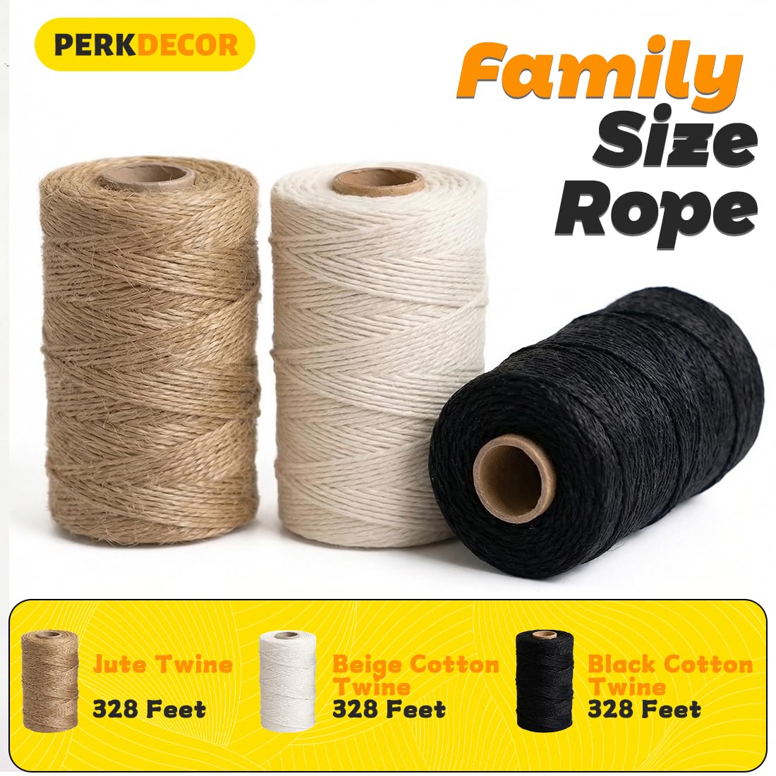PerkDecor Twine String Natural Jute Twine & Cotton Twine Bundle - Bulk Packing Twine for Crafts, Gift Wrapping String, Gardening Twine, Home Decor (3 Rolls, 984ft, 2mm) - 4