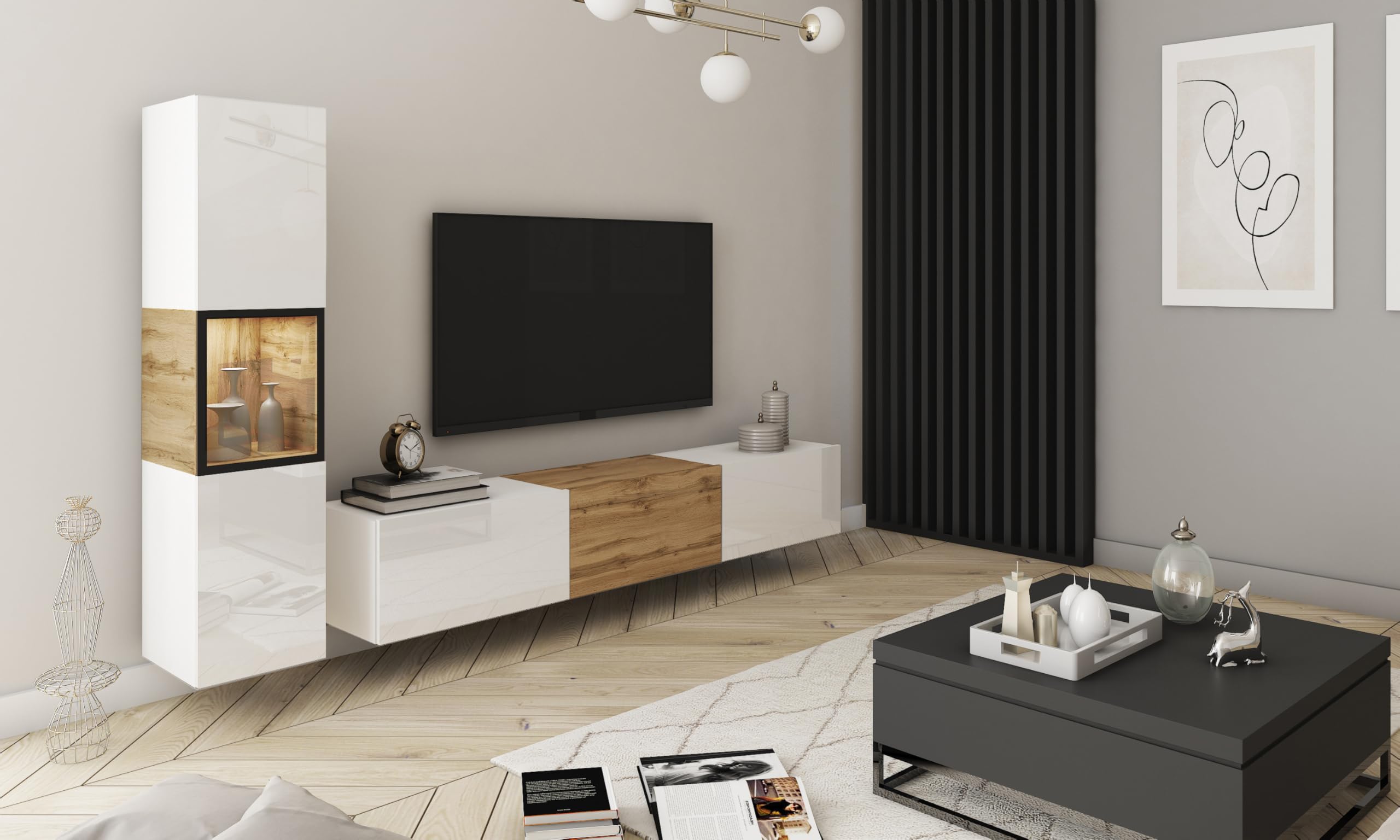 Conjunto de Muebles de salón Berlin I, Juego de Muebles de salón, Mueble TV 180 cm, iluminación LED Opcional, Diferentes Acabados, Muebles de salón Modernos (Blanco/Wotan LED)
