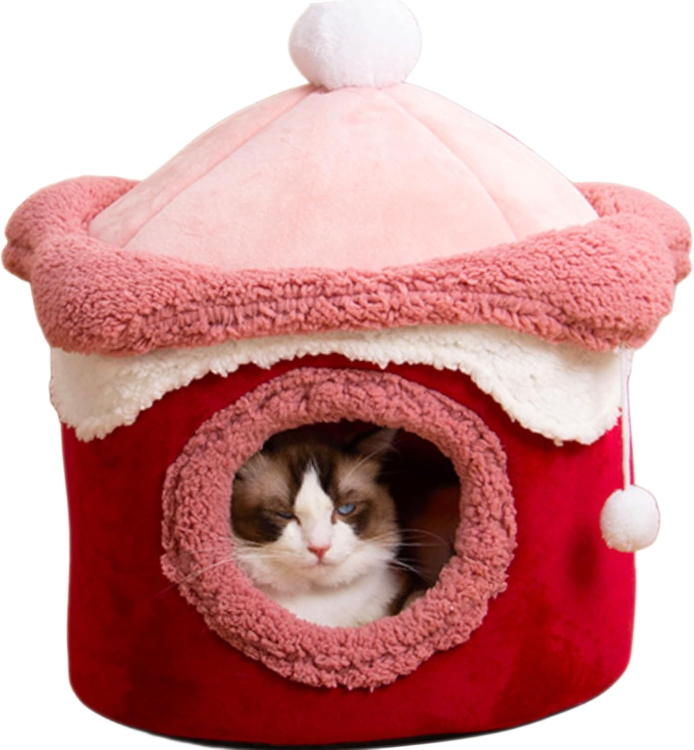 Cute Ice-Cream Plush Cat Cave 2023 Fluffy Kawaii Pet Bed Mat Warm Cozy Cuddler Joint-Relief (Red)