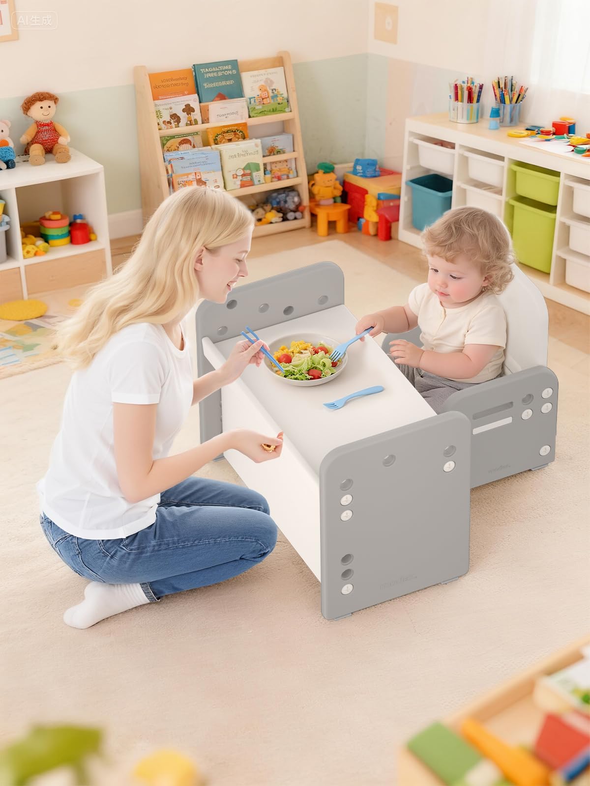 Tavolo per Bambini con Sedia, Set Tavolo e Sedia per Bambini Regolabile in Altezza, Scrivania Trasformabile, Multifunzione per Leggere, Scrivere, Disegnare e Mangiare, Grigio