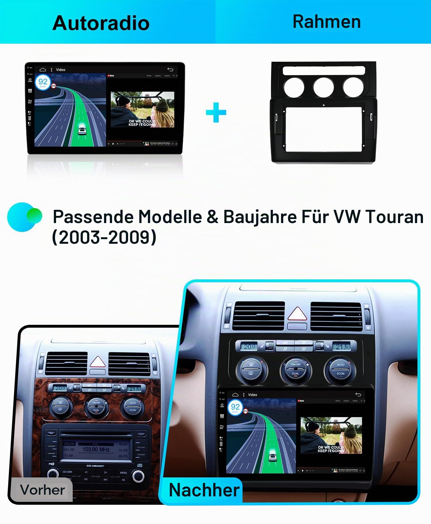 6G+128G | 8-Core| Android 16 Autoradio für VW Touran (2003-2010) - Kabellos CarPlay/Android Auto/DSP - LED Kamera & MIC - IPS 10.1 Zoll 2 Din - DAB Lenkradsteuerung Fast-Boot 360-Camera WiFi