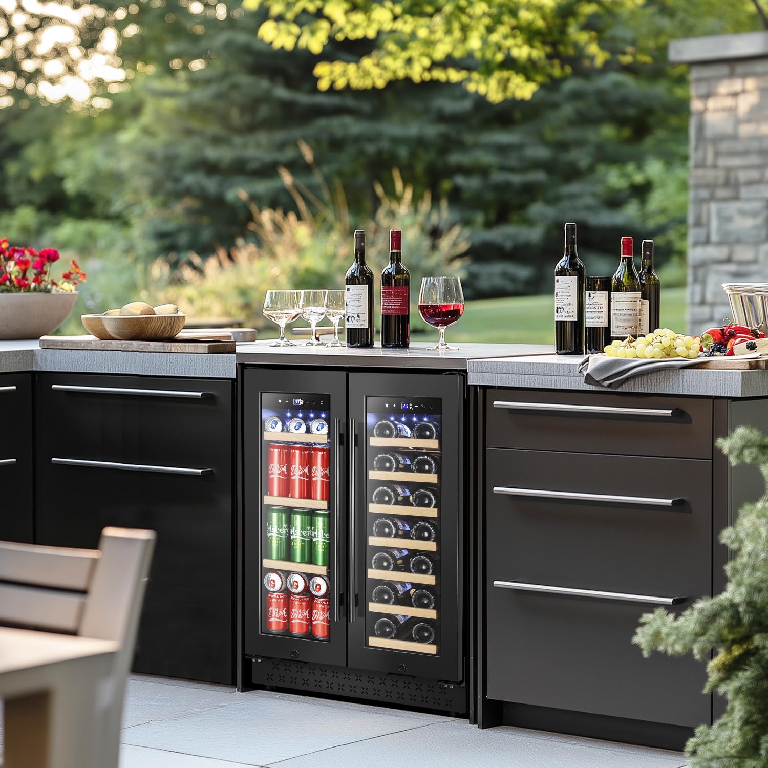 Tylza 24 Inch Wine and Beverage Refrigerator, Dual Zone Wine Beverage Cooler 24" with French Door, Under Counter Wine Beer Fridge Built-In or Freestanding, Holds 20 Bottles and 88 Cans, Black