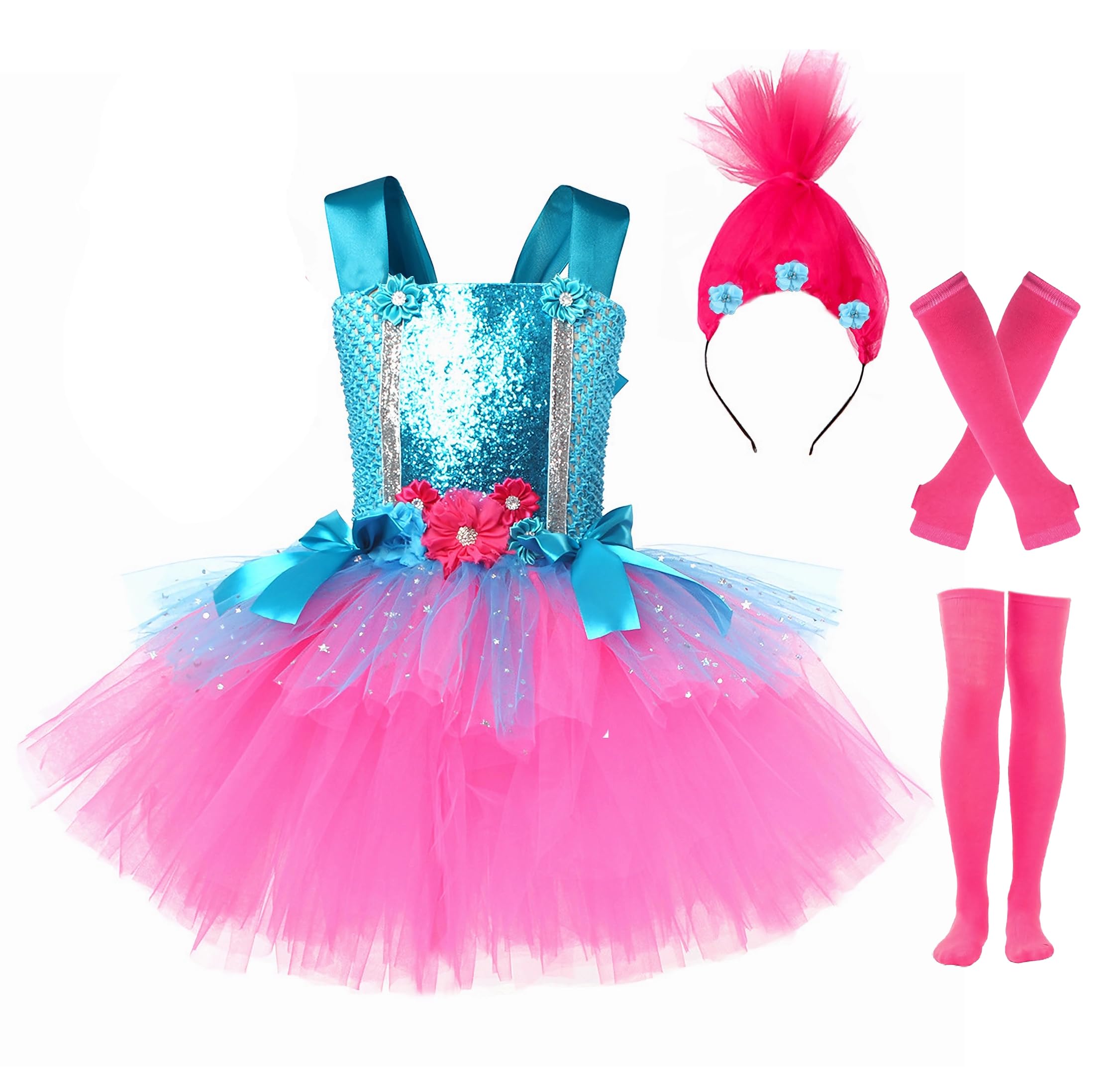 Aceut WYYXXT Girls Princess Poppy Costume Birthday Party Dress Halloween Cosplay Outfits(6-7Y,Blue/Red)