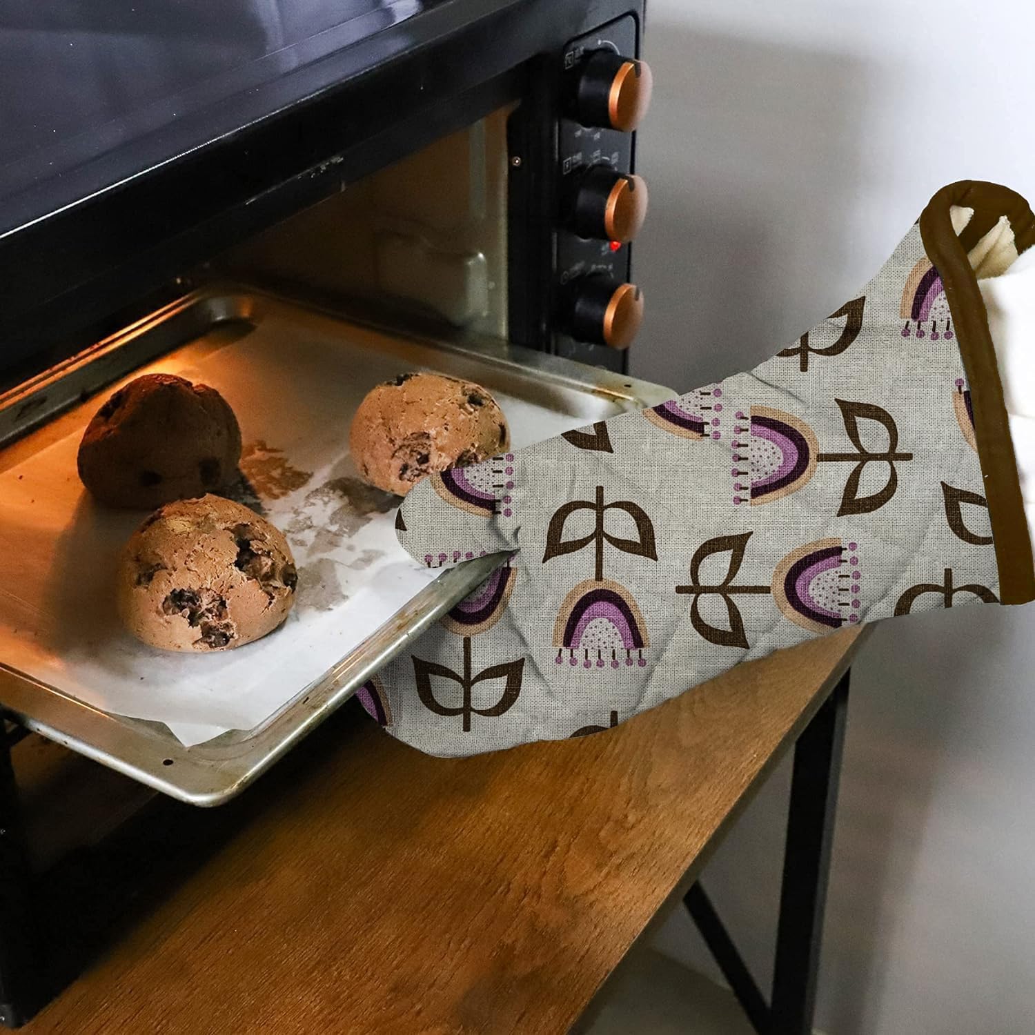 Cotton Oven Mitts Set of 2 Heat Resistant Quilted Kitchen Gloves Soft Insulated Baking Cooking BBQ Mittens Non Slip Grip Machine Washable Reusable Printed Oven Mitt Pair (Boho Print)