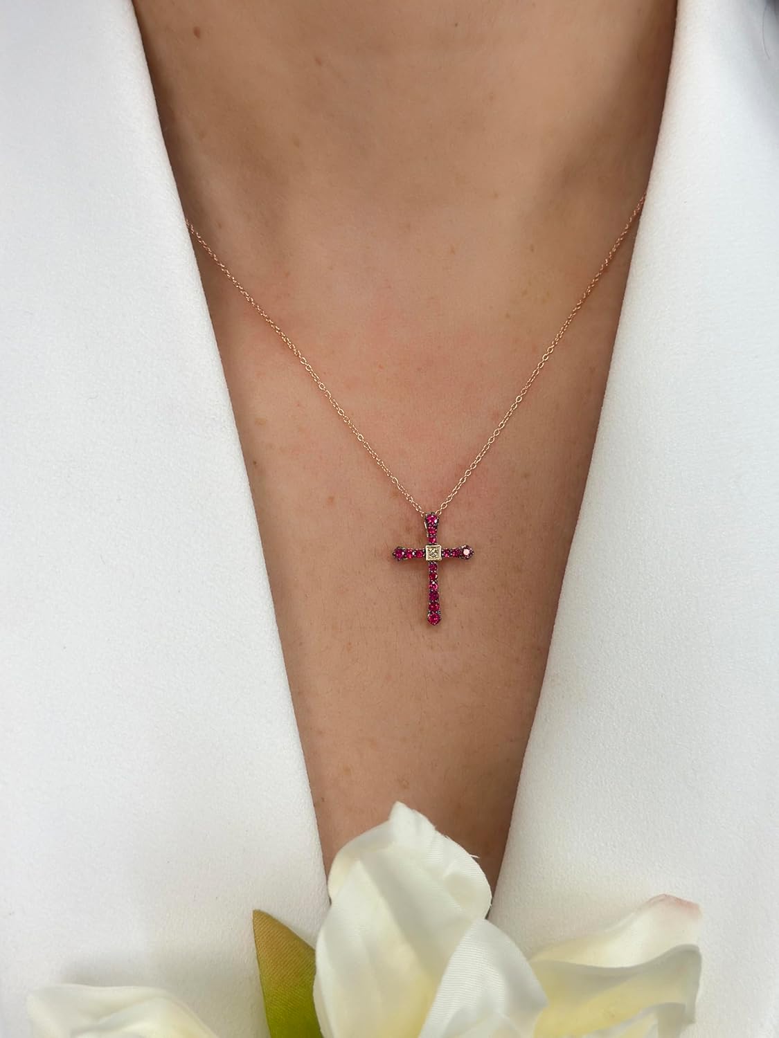 LE VIAN 1/50 Carat Diamond Cross Pendant Necklace for Women with 1/3 Carat Ruby | 14k Rose Gold Necklace for Her Elegant Pave Design I 18 Inch Chain (White, 0.01 cttw) Lobster Claw Clasp - Image 2