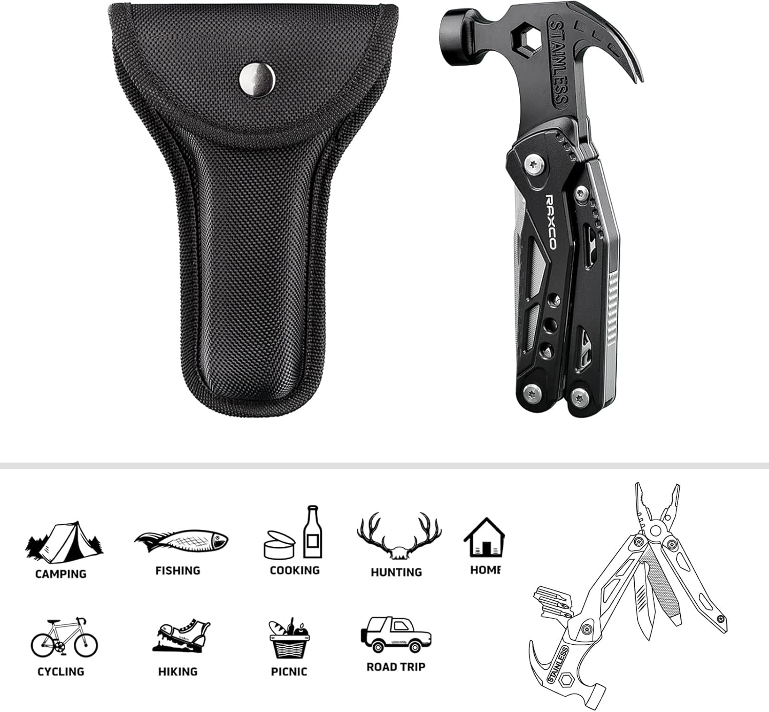 Multitool Hammer 15 in 1 Mini Hammer multitool with Pliers Claw Hammer Multi Tool with Screwdrivers, Multitool Pocket Clip, New Year & Birthday & Father Day Gift (Black)