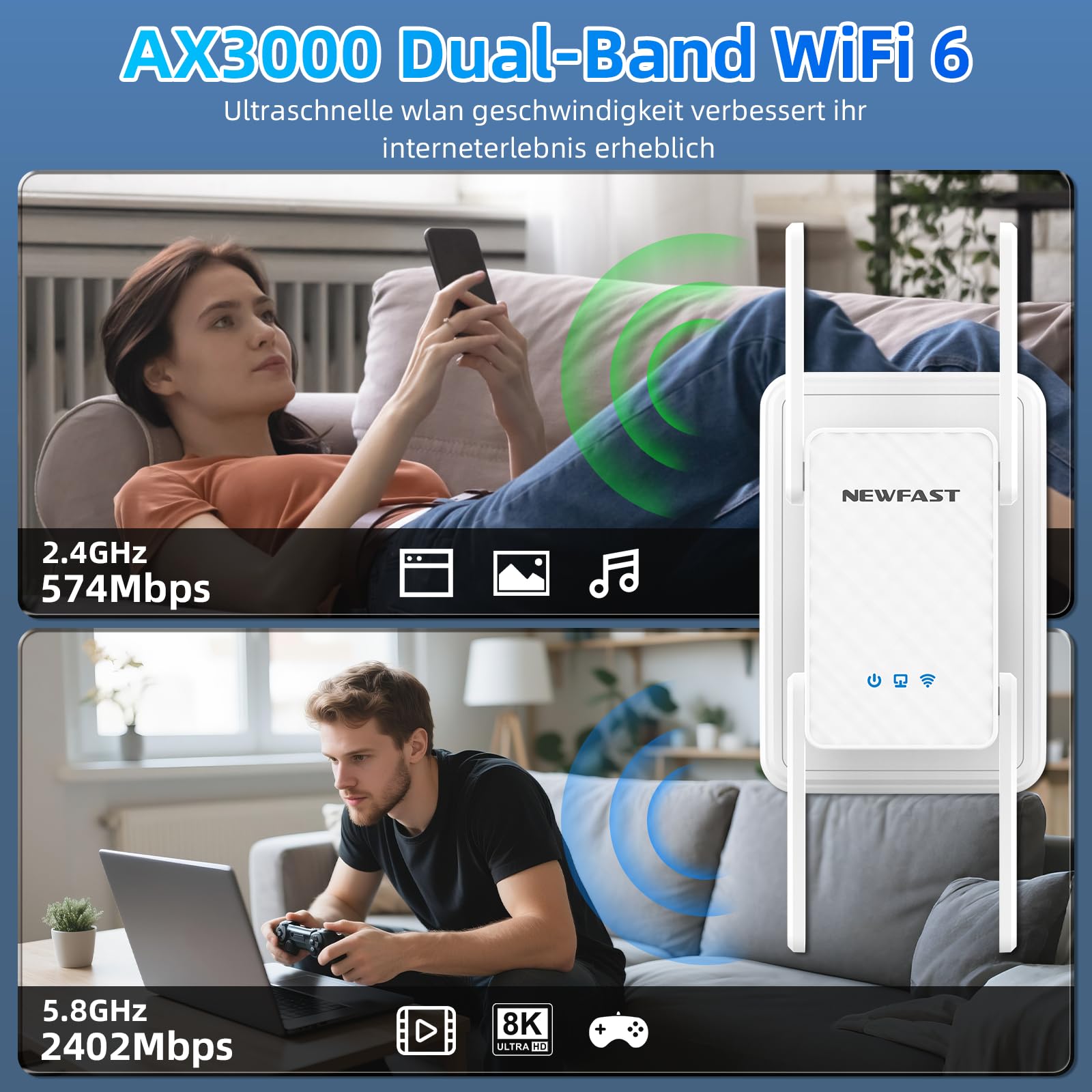 NEWFAST WLAN Verstärker,3000Mbps WLAN Repeater WiFi 6 Extender mit 4 Schwenkbare Antenne,WPS,MU-MIMO,Unterstützung Repeater/Router/Ap Modus für Zuhause und Büro,1-Tippen Einrichten,Signalstabilität