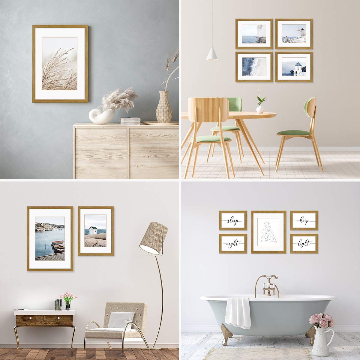 NUOLAN DBWIN - Marco A3 con patrón de madera clara con paspartú para fotos A4, juego de 3 o sin paspartú, fotos A3, frente de plexiglás, decoración de pared vertical u horizontal (NL-005UK-A3-HH)