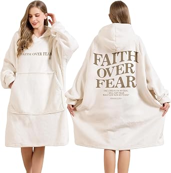 Faith Over Fear Wearable Blanket Hoodie Sherpa Fleece Blanket Christian Wearable Blankets Adult Giant Faith Hoodies