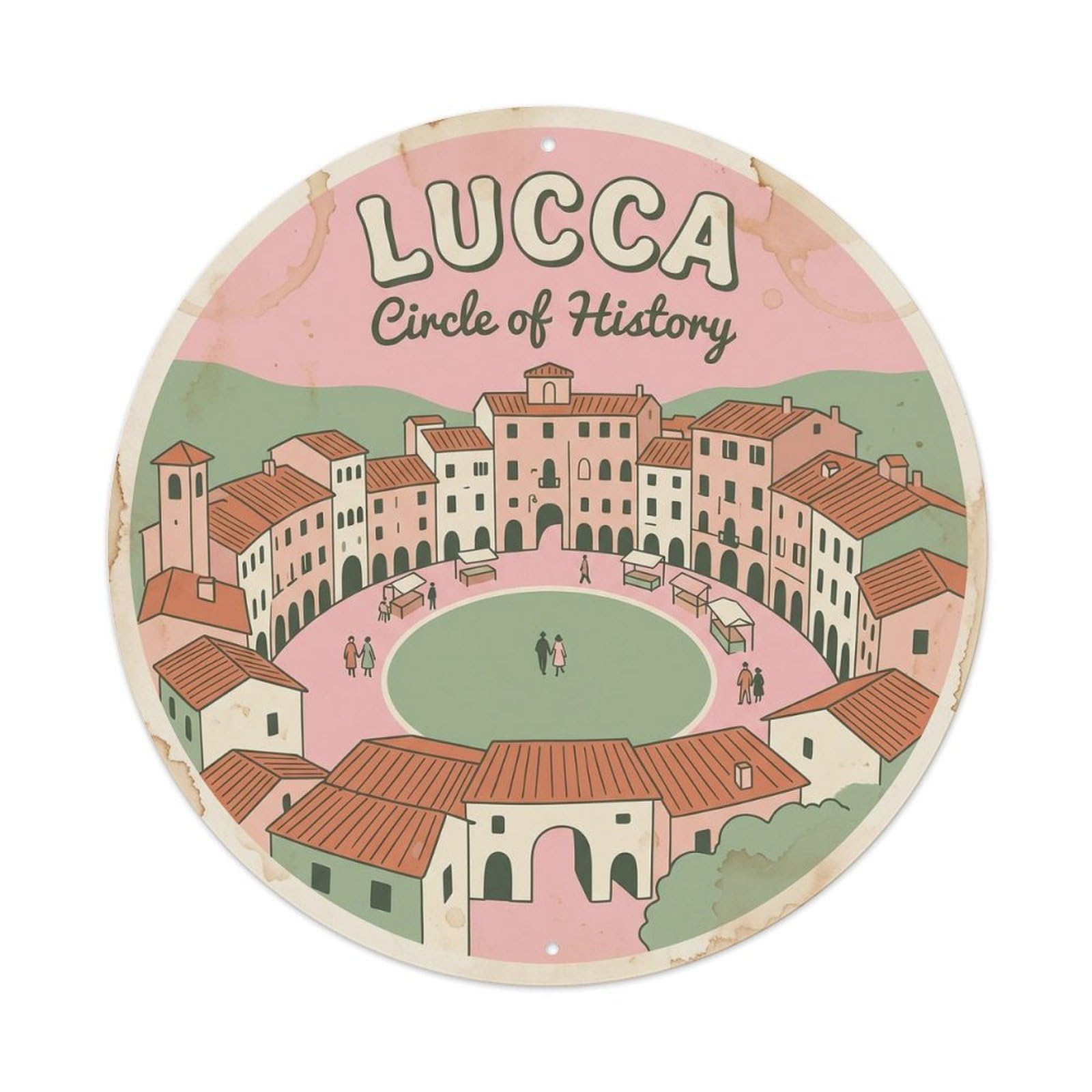 Vintage Travel Lucca Amphitheatre Italy Metal Tin Sign Plaque Wall Decor for Cafe, Club, Garden Round Metal Poster 8x8Inch
