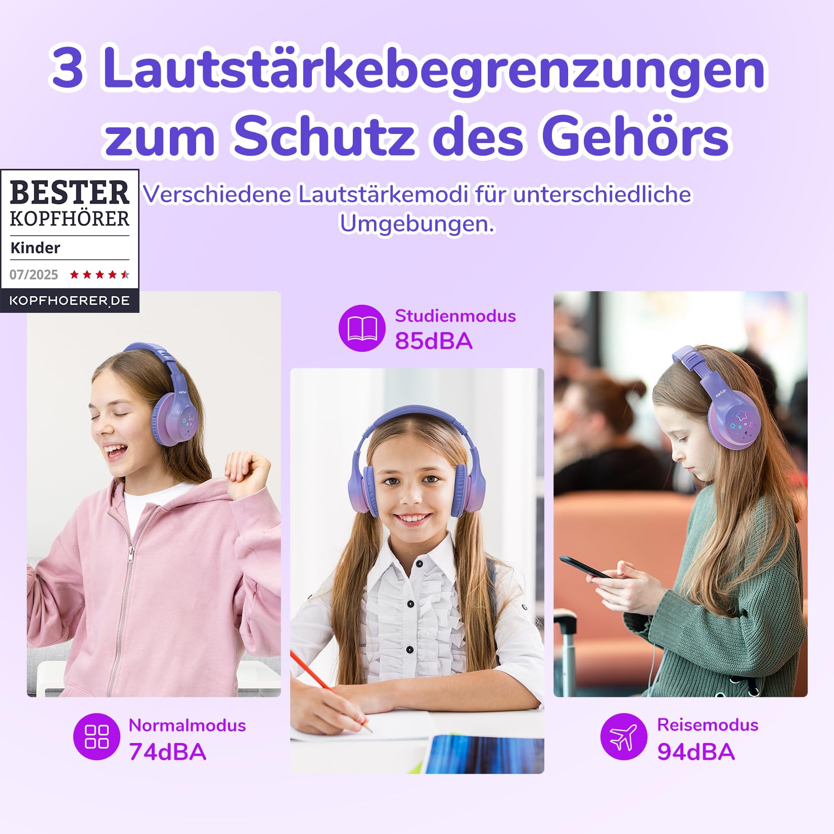 EarFun Bluetooth Kopfhörer Kinder, 5 LED-Beleuchtungsmodi, 74/85/94 dBA Lautstärkebegrenzung, 90 Std Akku, Hi-Fi Klang, HD-Mikrofon, Bluetooth 5.4, Faltbare, Kopfhörer Kabellos Kinder für Schule/Reise