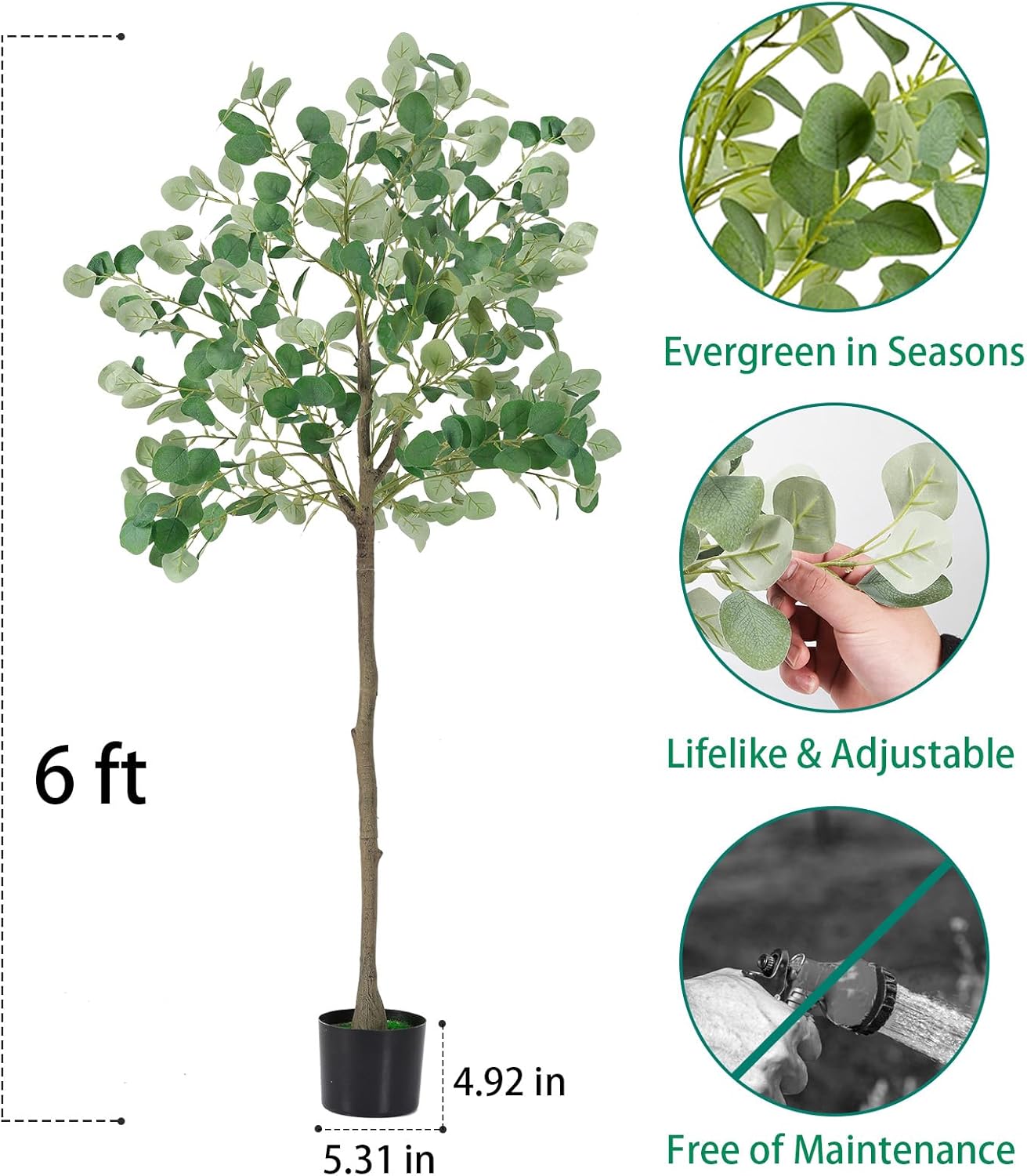 Artificial Eucalyptus Tree, 6ft Fake Tree Faux Trees Indoor with Pot, Tall Fake Plant Fake Eucalyptus Plants Silk Faux Eucalyptus Tree Realistic Artificial Trees for Living Room Home Decor(Green) - Image 5