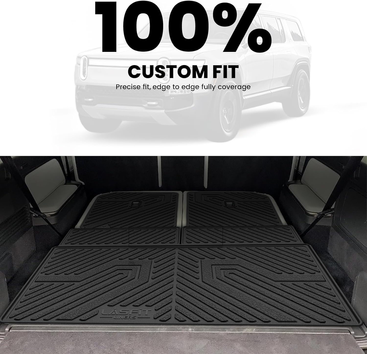 LASFIT Trunk Mat & Backrest Mats for Rivian R1S 2025 2024 2023 2022, All Weather TPE Custom Fit Cargo Liner for R1S Cargo Mat, Black, Easy to Clean - Image 3