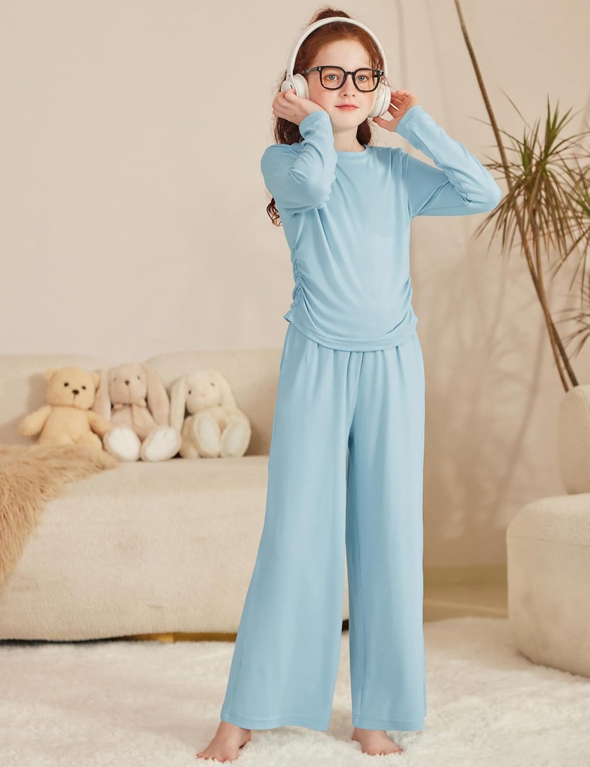 Arshiner Girls 2 Piece Set Fall Outfits Lounge Sets Ruched Long Sleeve Top Wide Leg Pants Sweatsuit Clothing Set - Image 5