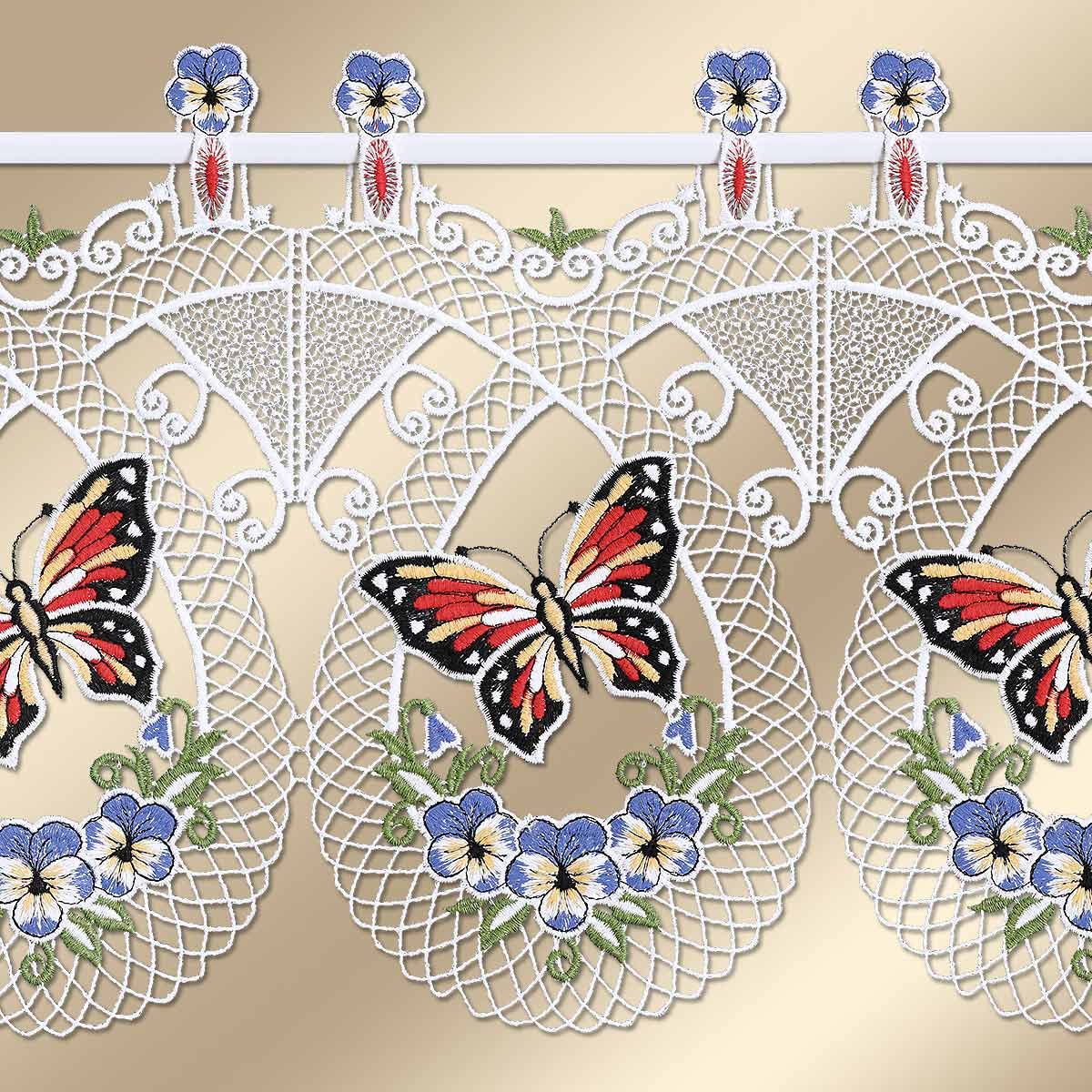 Scheibengardine Sabina Schmetterling mit Stiefmütterchen Rot-Blau Vogtländische Spitze | Landhaus-Spitzengardine mit filigraner Stickerei Fensterdeko für Frühling & Sommer Höhe x Breite 30 x 80 cm