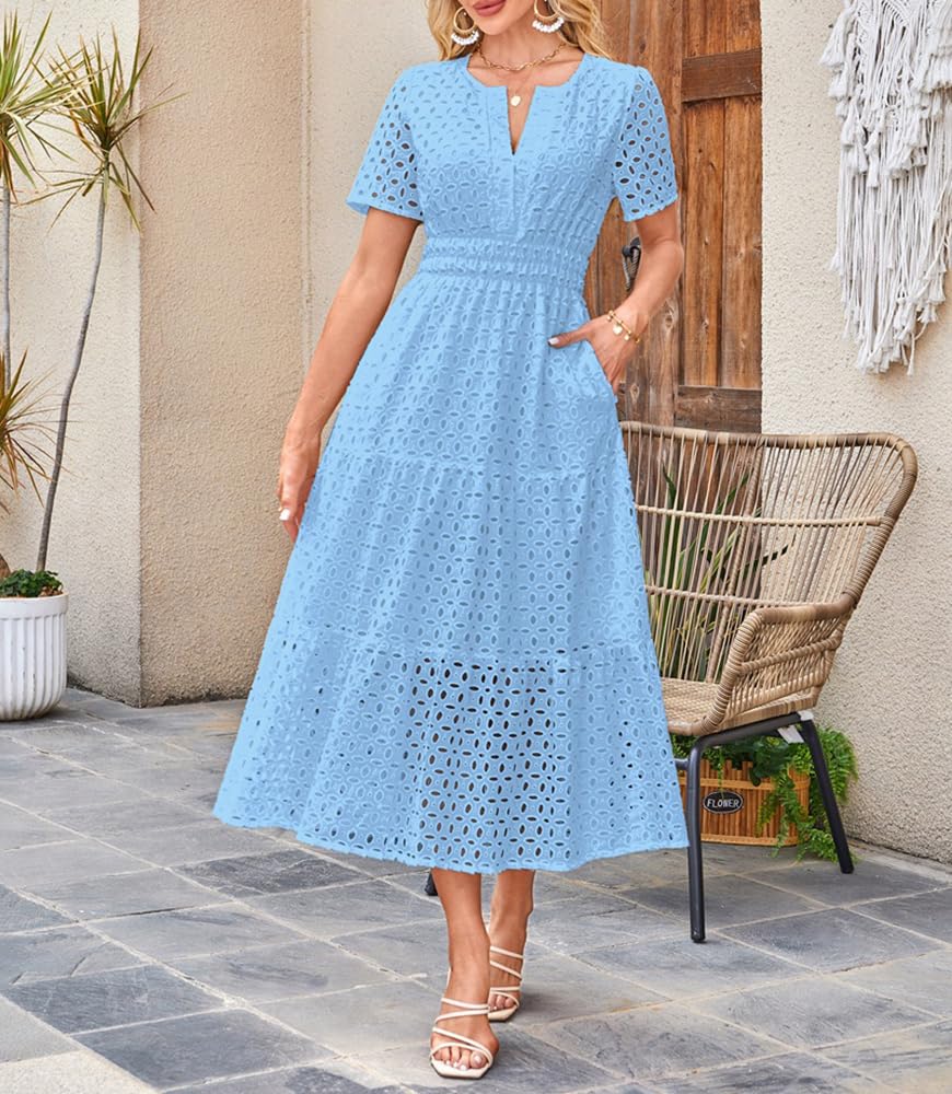 Vestido Largo de Verano de Manga Corta para Mujer, Informal, con Escote en V, Aberturas, Ojales, Cintura Alta, Volantes, Corte A, Fluido