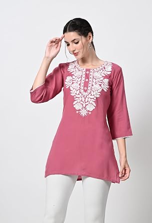Kurti for Women - Short Chikankari Kurtis for Girls, Lakhnawi Tunic Top Kurta Design for Ladies, Woman Ethnic Kurthi
