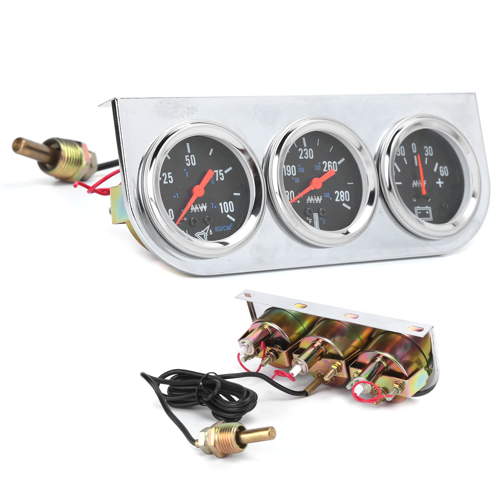 Juego de Medidor Triple de 2 Pulgadas con Temperatura del Agua, Presión de Aceite y Medidor de Amperios para Automóvil, Barco, Camión de 12 V, Esfera Negra, Puntero Rojo
