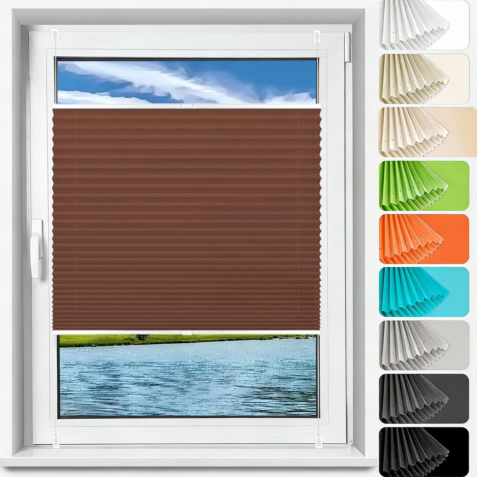 Store Plissé sans Percer, sur Mesure 100 x 190 cm Facile à Installer Protection Vie Privée Rideaux Plissés en Non-Tissé Store Plissé avec Perçage pour Fenêtres Portes, ‎Marron