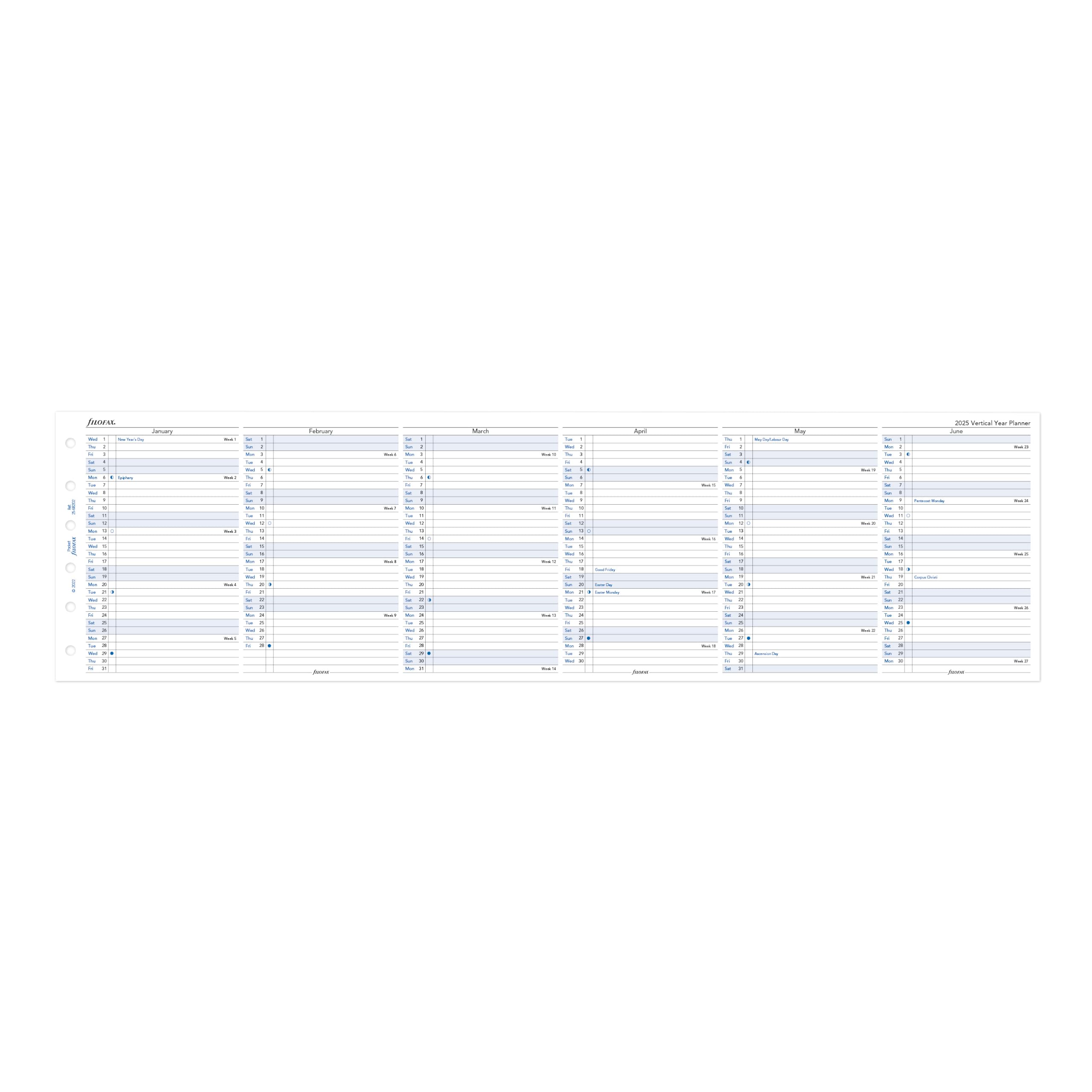 Filofax Ricarica agenda calendario, formato tascabile, agenda verticale annuale, carta bianca, inglese, 2025 (C68202-25)
