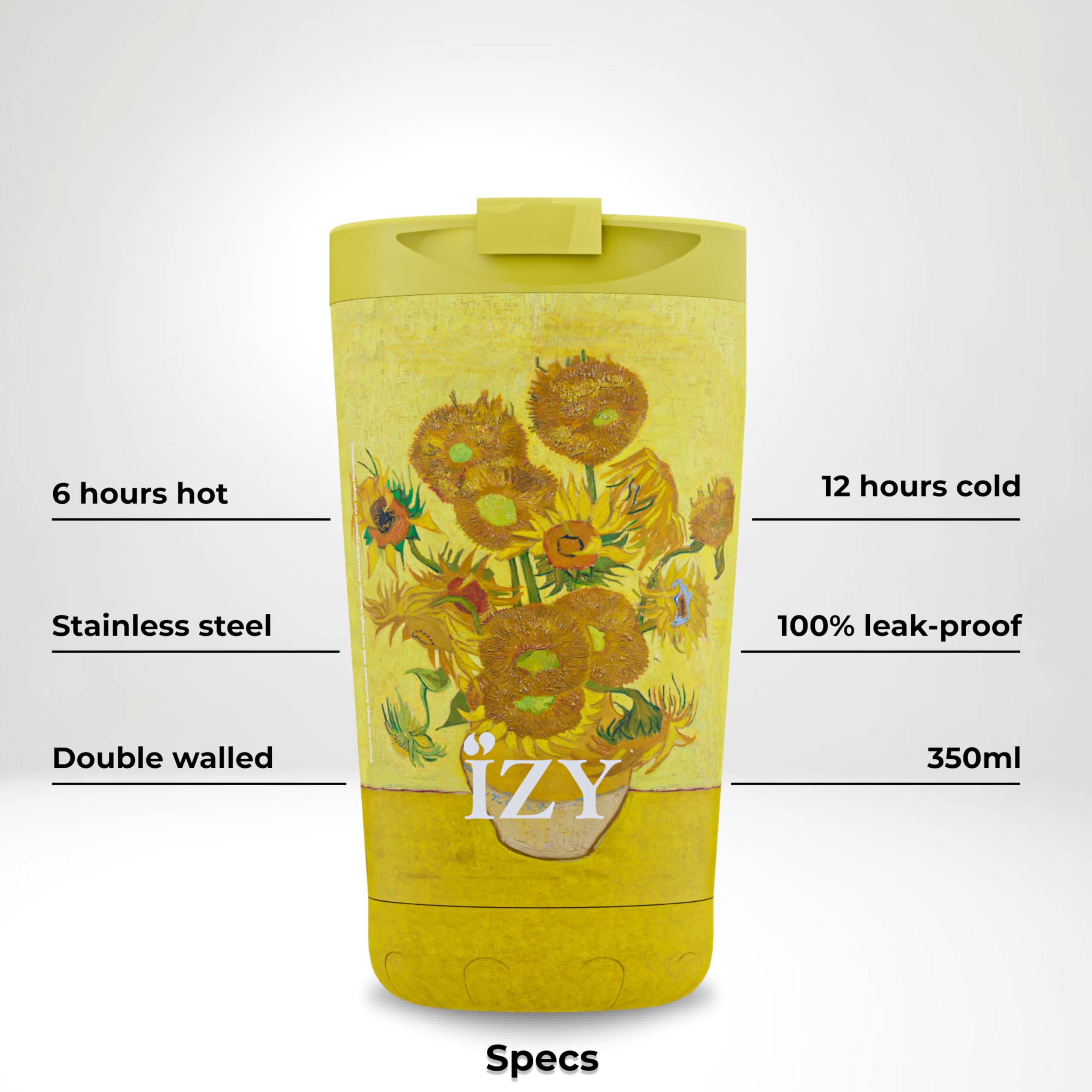 IZY taza termo - Taza de café 350ml - Taza de café para llevar - Termo - Sin BPA - Taza de viaje de acero inoxidable - A prueba de fugas (Girasoles)