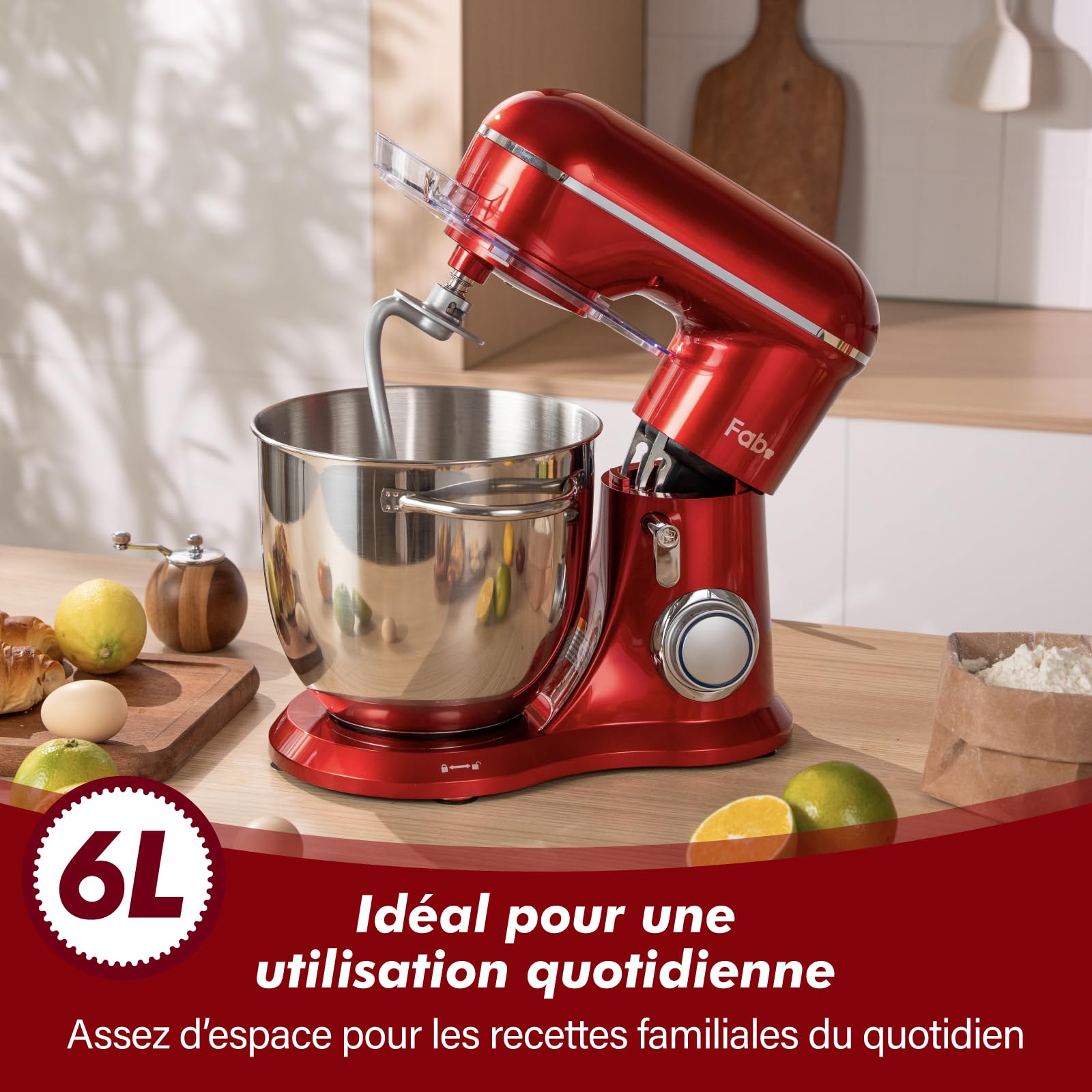 Robot Patissier, Kitchen in the box 6L Batteur Electrique Cuisine, Pétrin Professionnel 1300W avec Fouet, Batteur et Crochet Pétrisseur, 10+P Vitesses