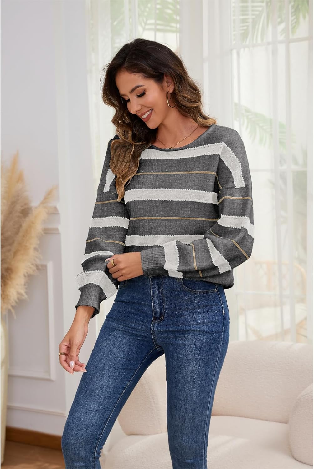 ANCAPELION Women's Color Block Sweaters Long Sleeve Crewneck Pullover Cozy Knitted Striped Jumper Tops - Image 4