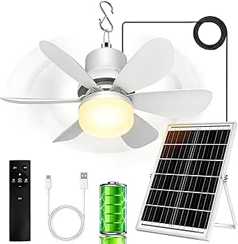 Solar Fan for Gazebo with Light, 18000mAh Rechargeable Solar Powered Patio Ceiling Fan with Remote, 17.5'' Portable Outdoor Hanging Fans for Pergola| Backyard| Camping| Tent| RV Canopy, IP54 Rated