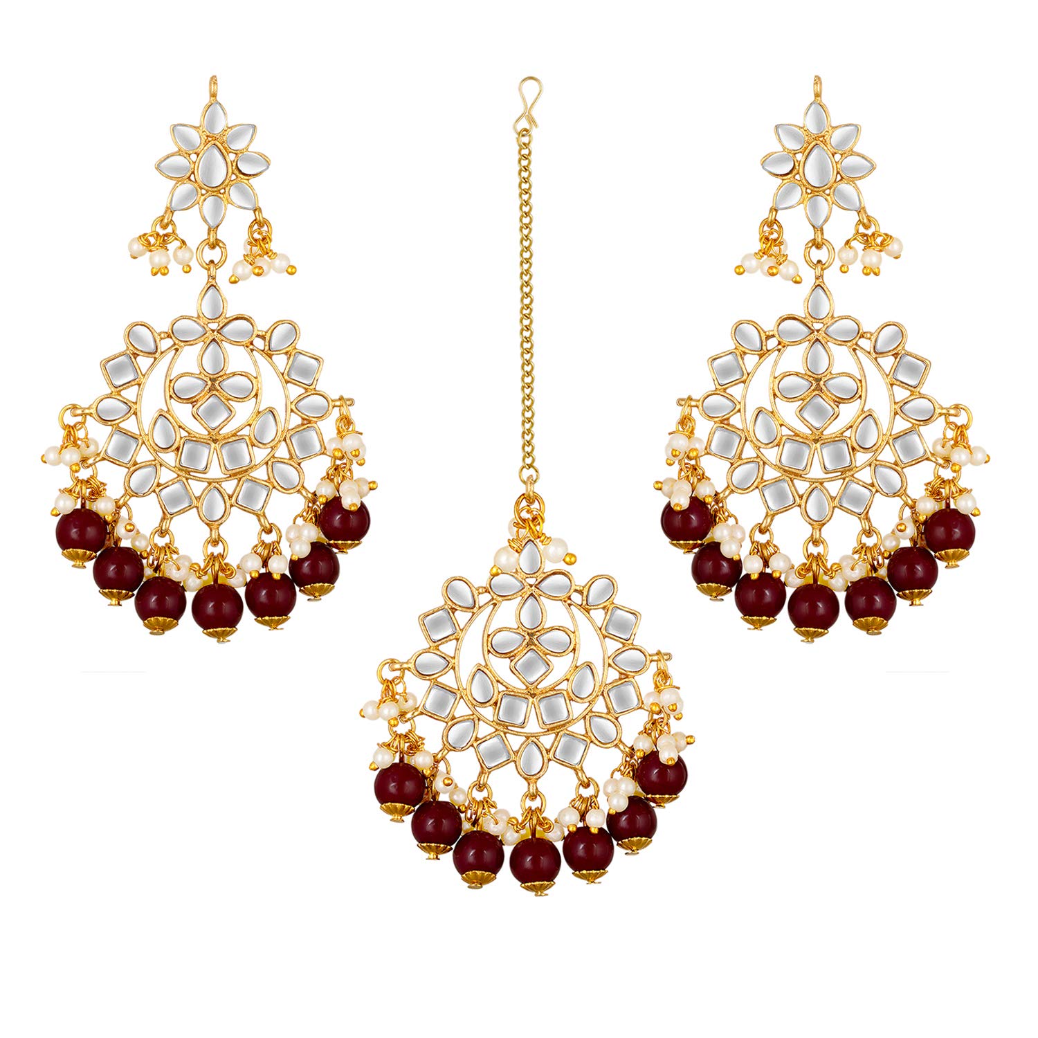 Traditional Gold Plated Kundan Blue Faux Pearl Wedding Chandbali Earrings with Maang Tikka Jewellery Set for Women Girls-image-32