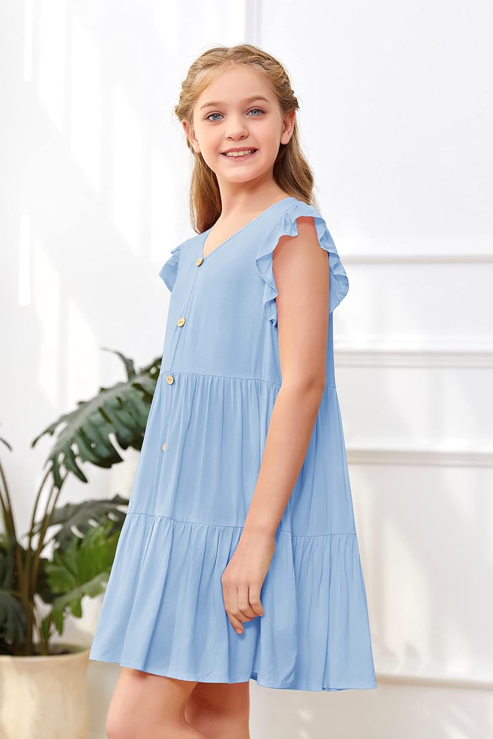 Mafulus Girls Ruffle Sleeve Dress Kids V Neck Button Down Tiered Swing A-Line Summer Beach Sundress Outfit 5-14T - Image 2